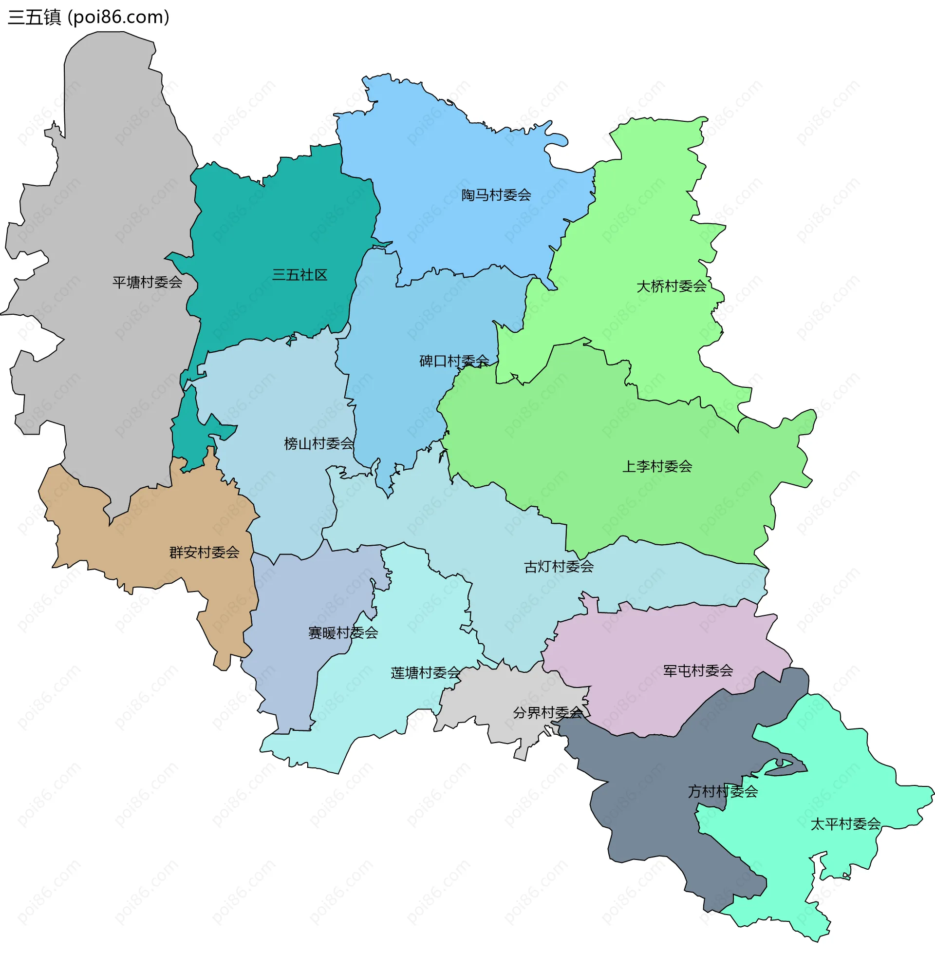 三五镇边界地图(五级行政区划)