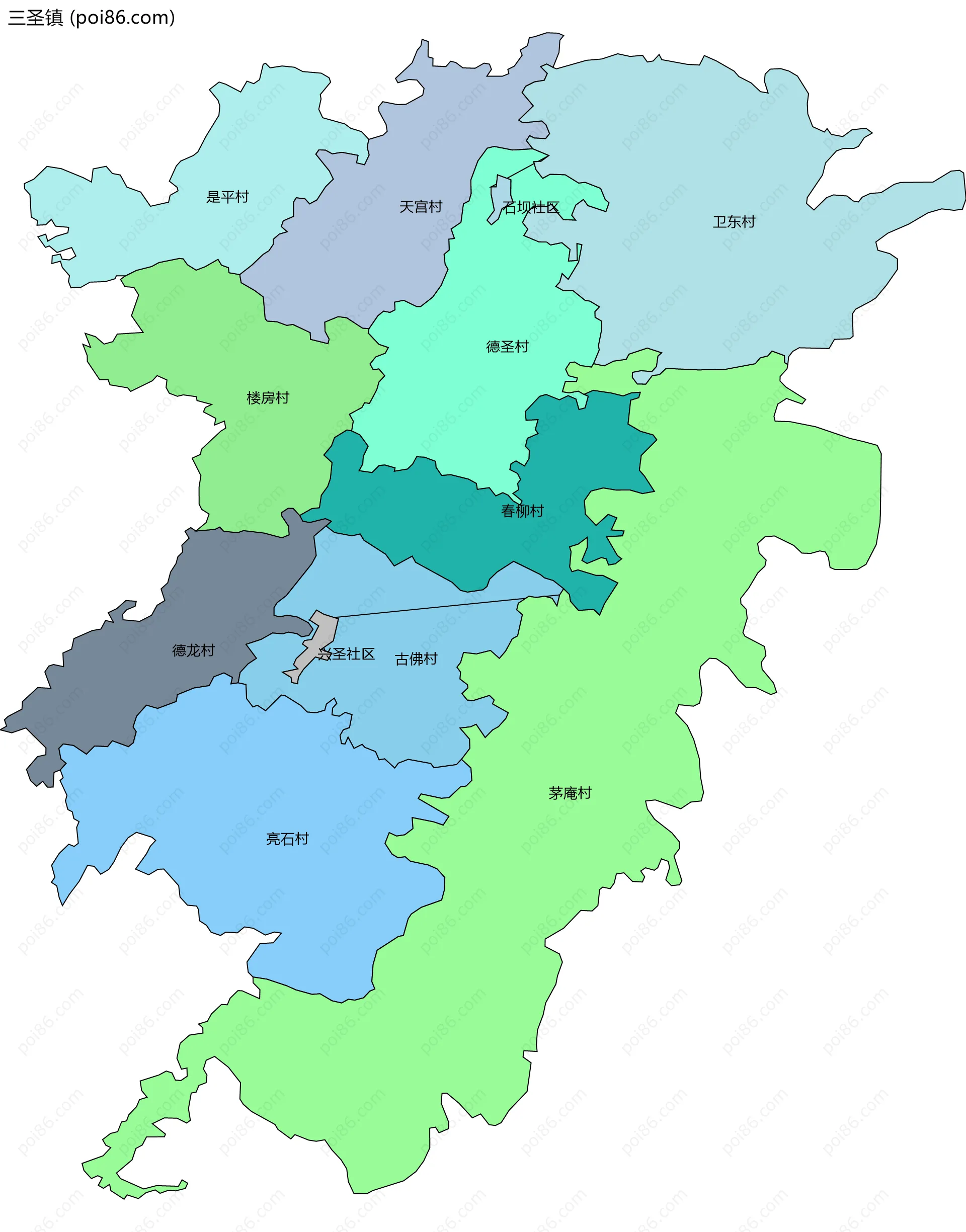 三圣镇边界地图(五级行政区划)