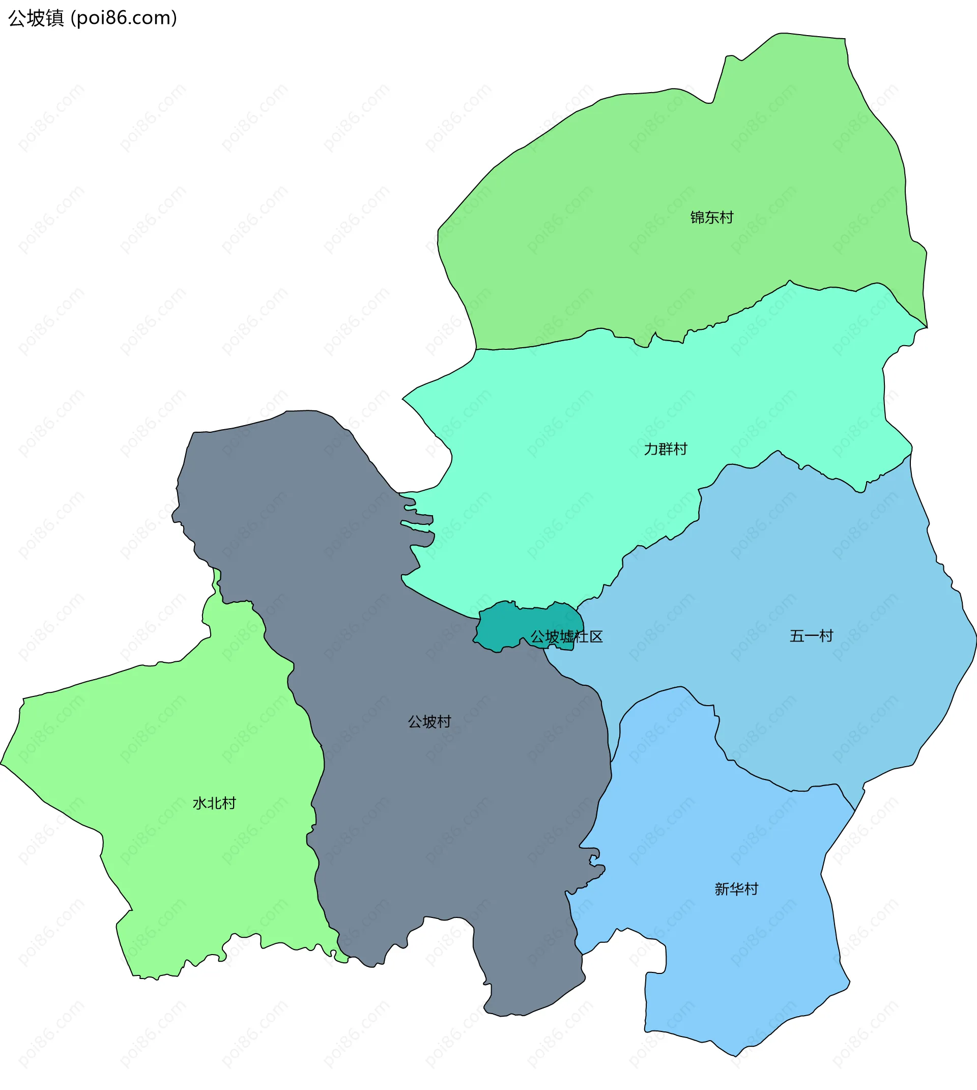 公坡镇边界地图(五级行政区划)