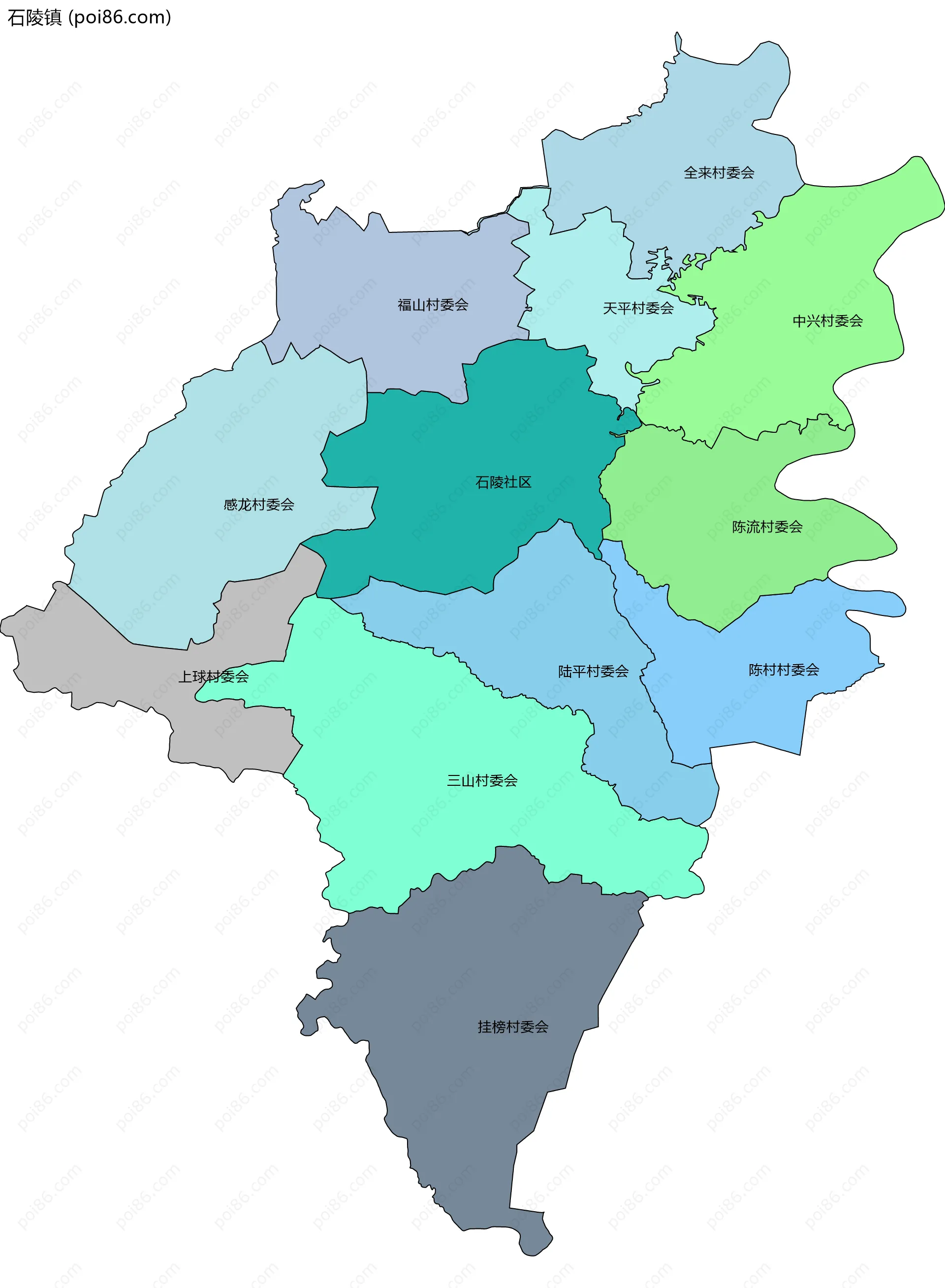 石陵镇边界地图(五级行政区划)