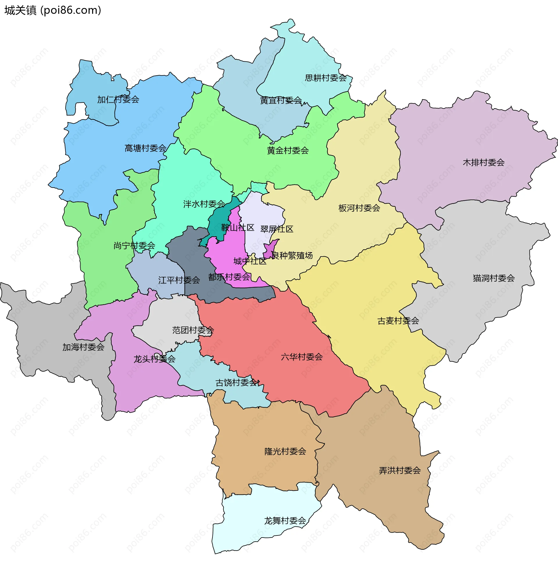 城关镇边界地图(五级行政区划)