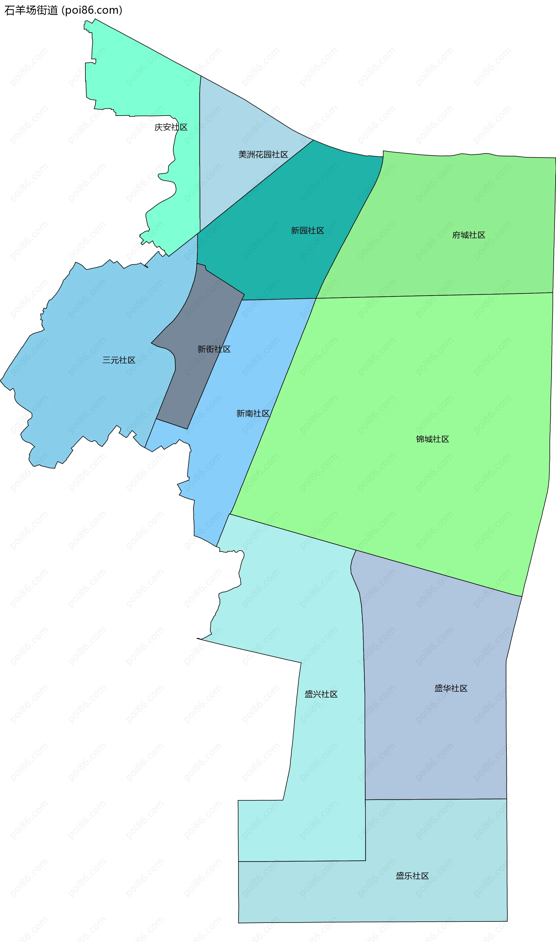 石羊场街道边界地图(五级行政区划)