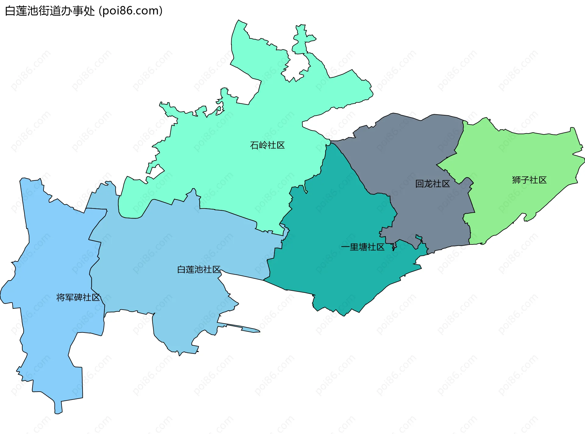 白莲池街道办事处边界地图(五级行政区划)