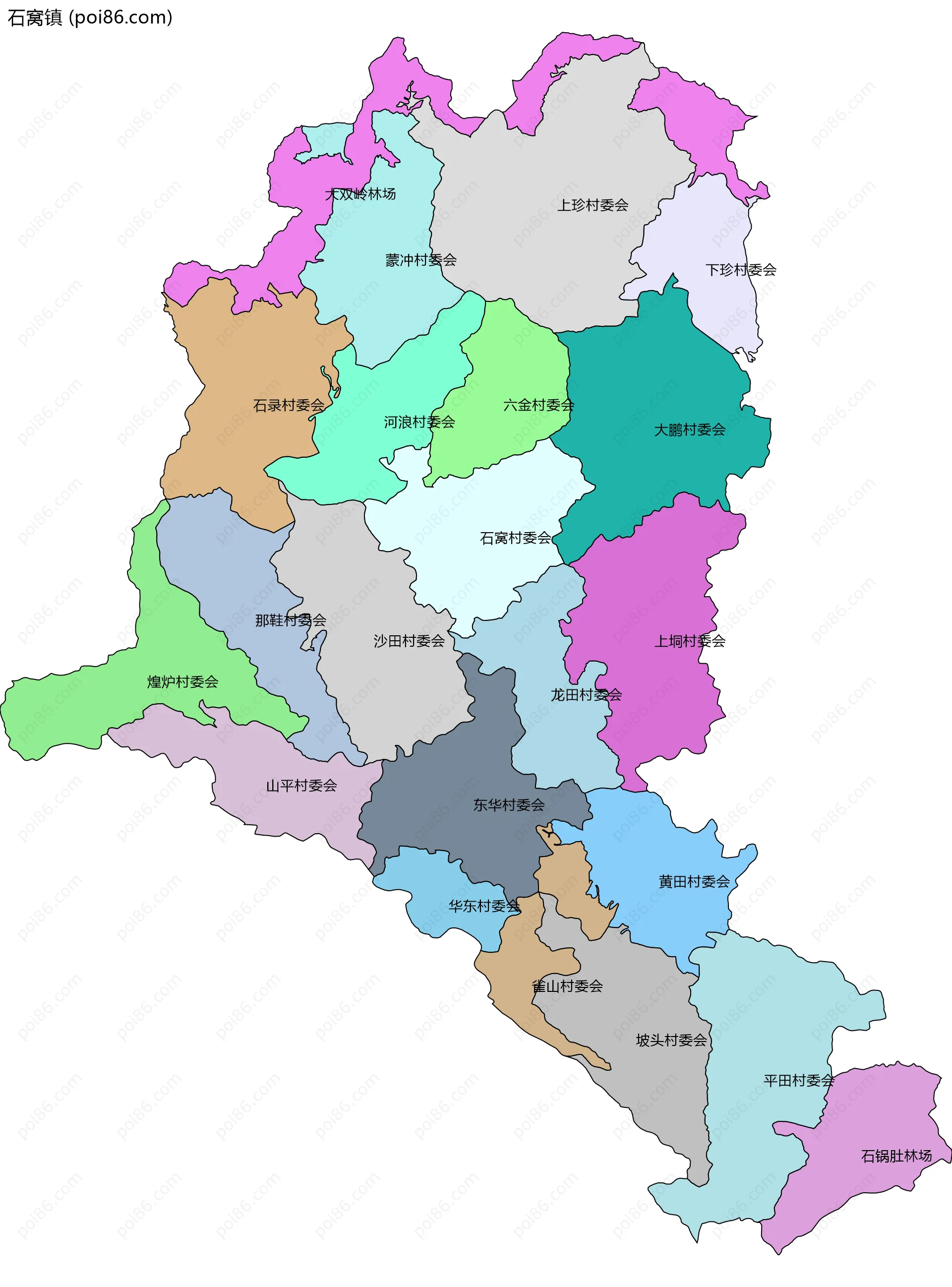 石窝镇边界地图(五级行政区划)