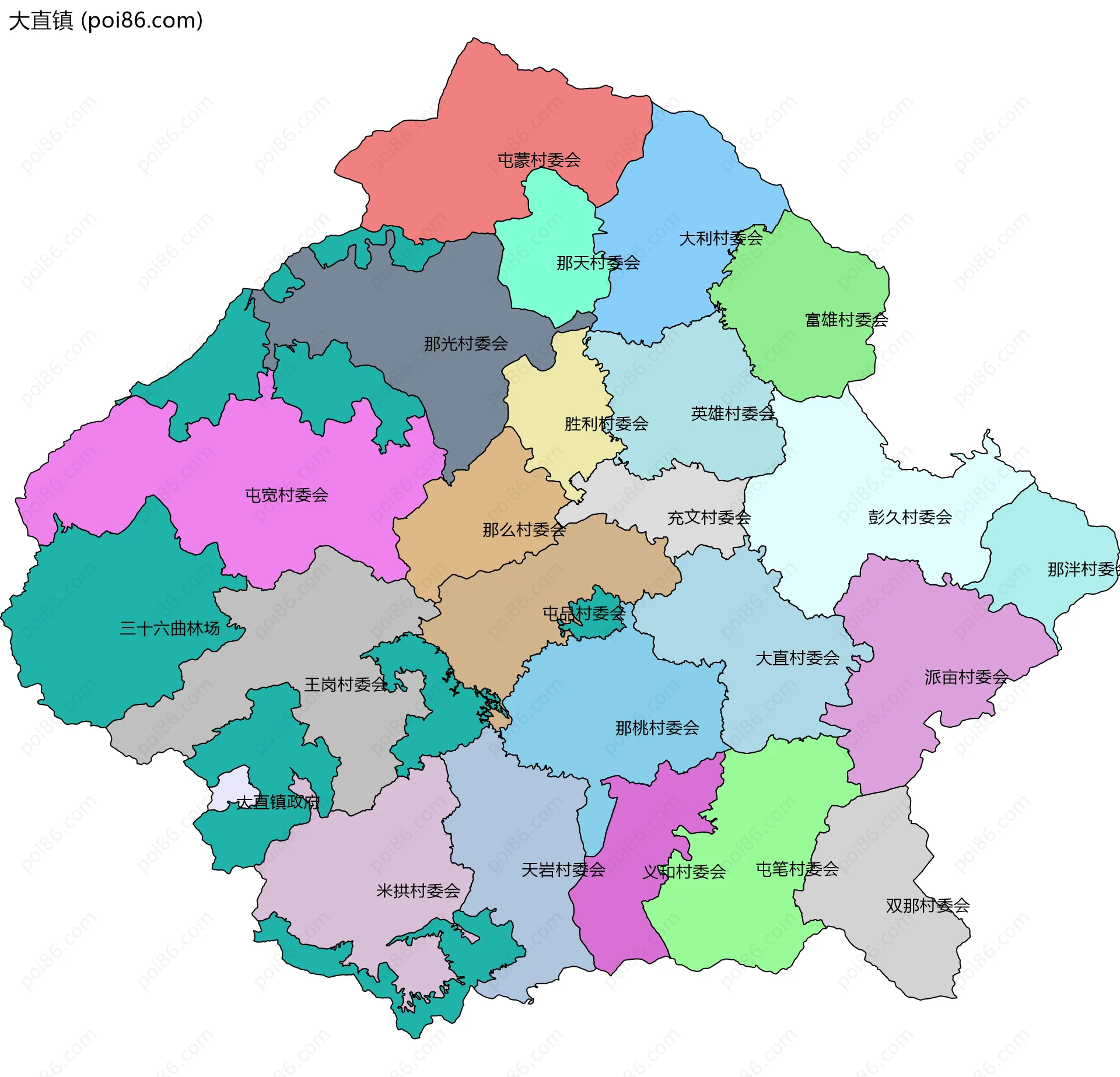 大直镇边界地图(五级行政区划)