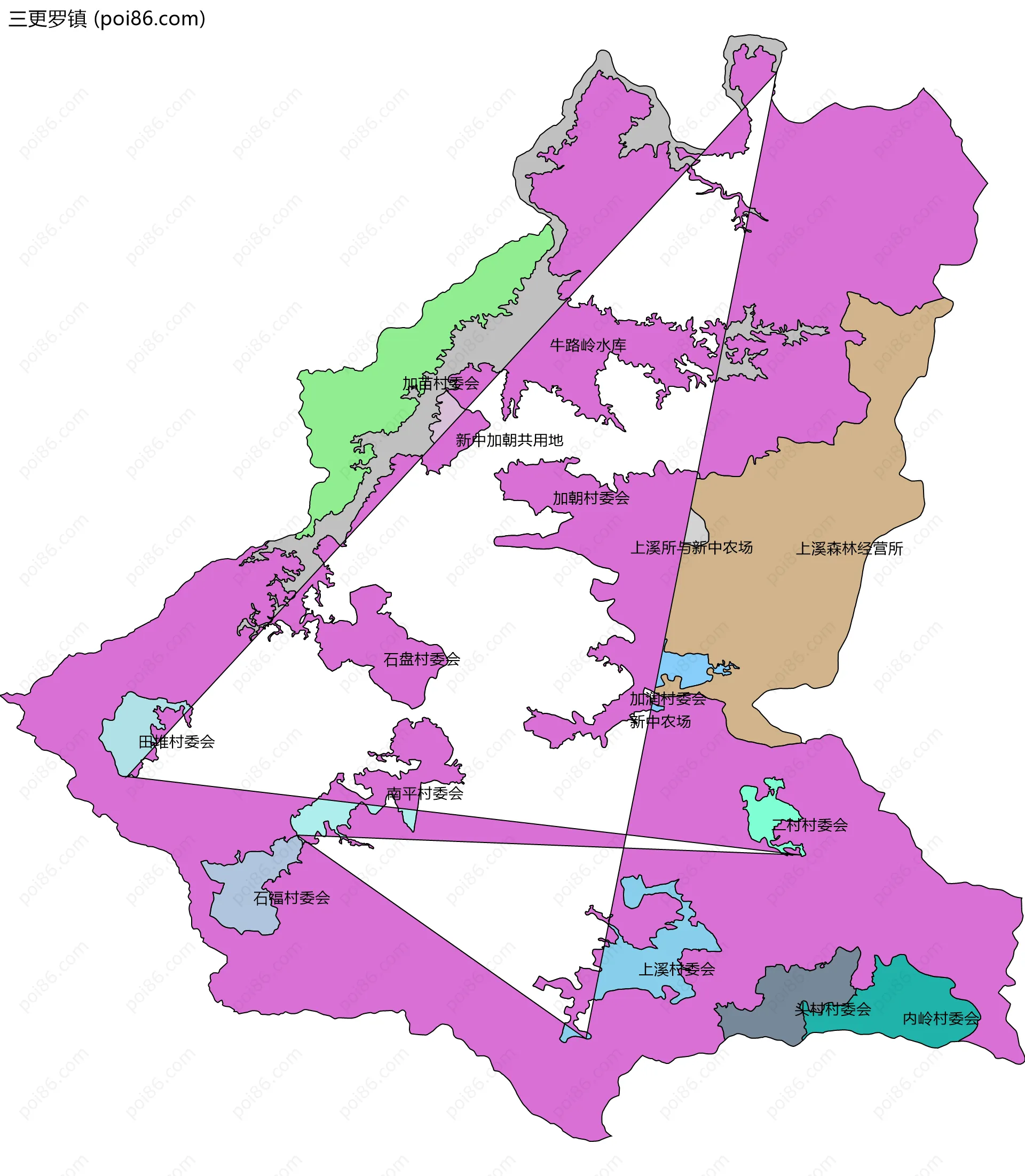 三更罗镇边界地图(五级行政区划)