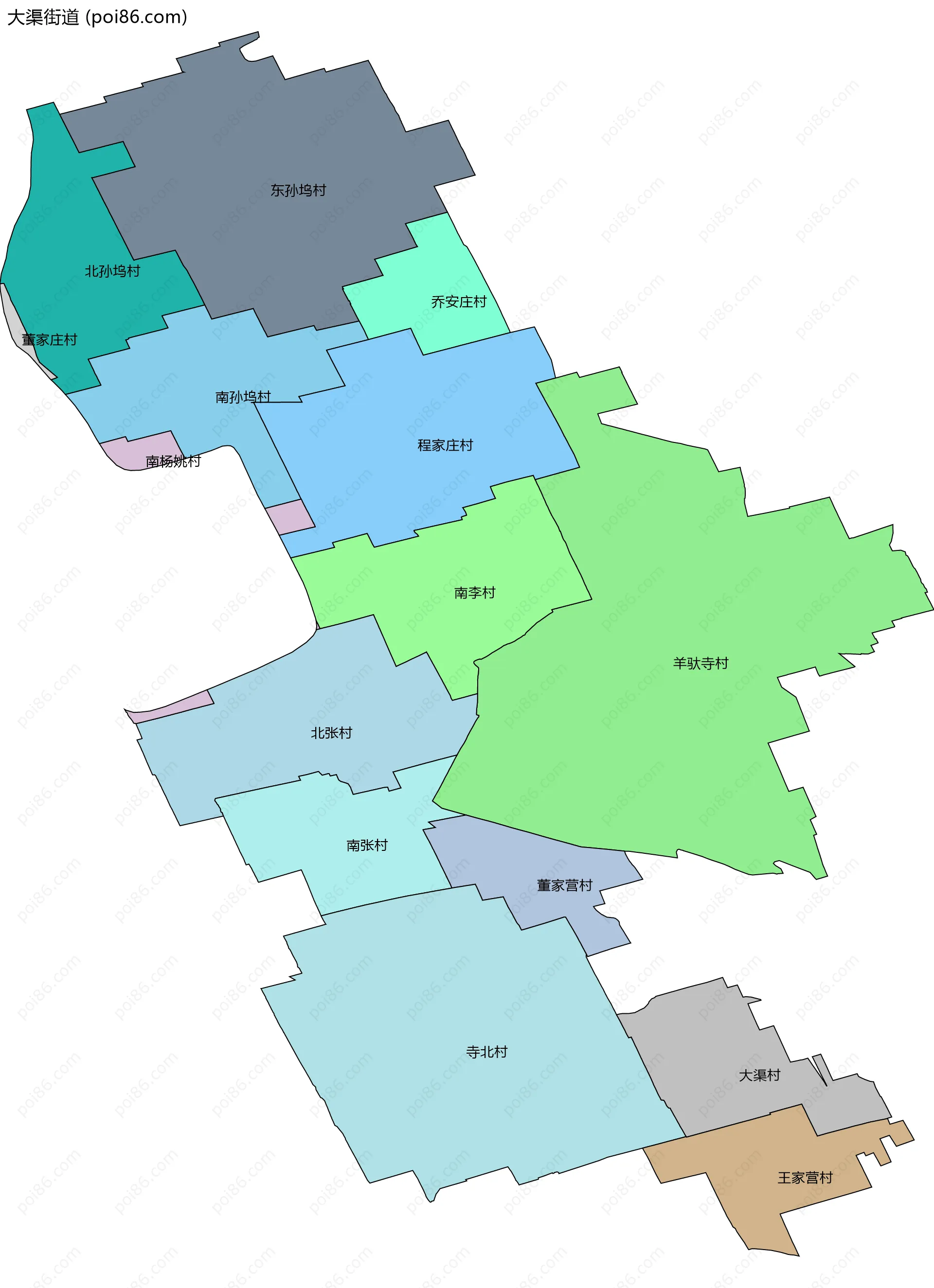 大渠街道边界地图(五级行政区划)