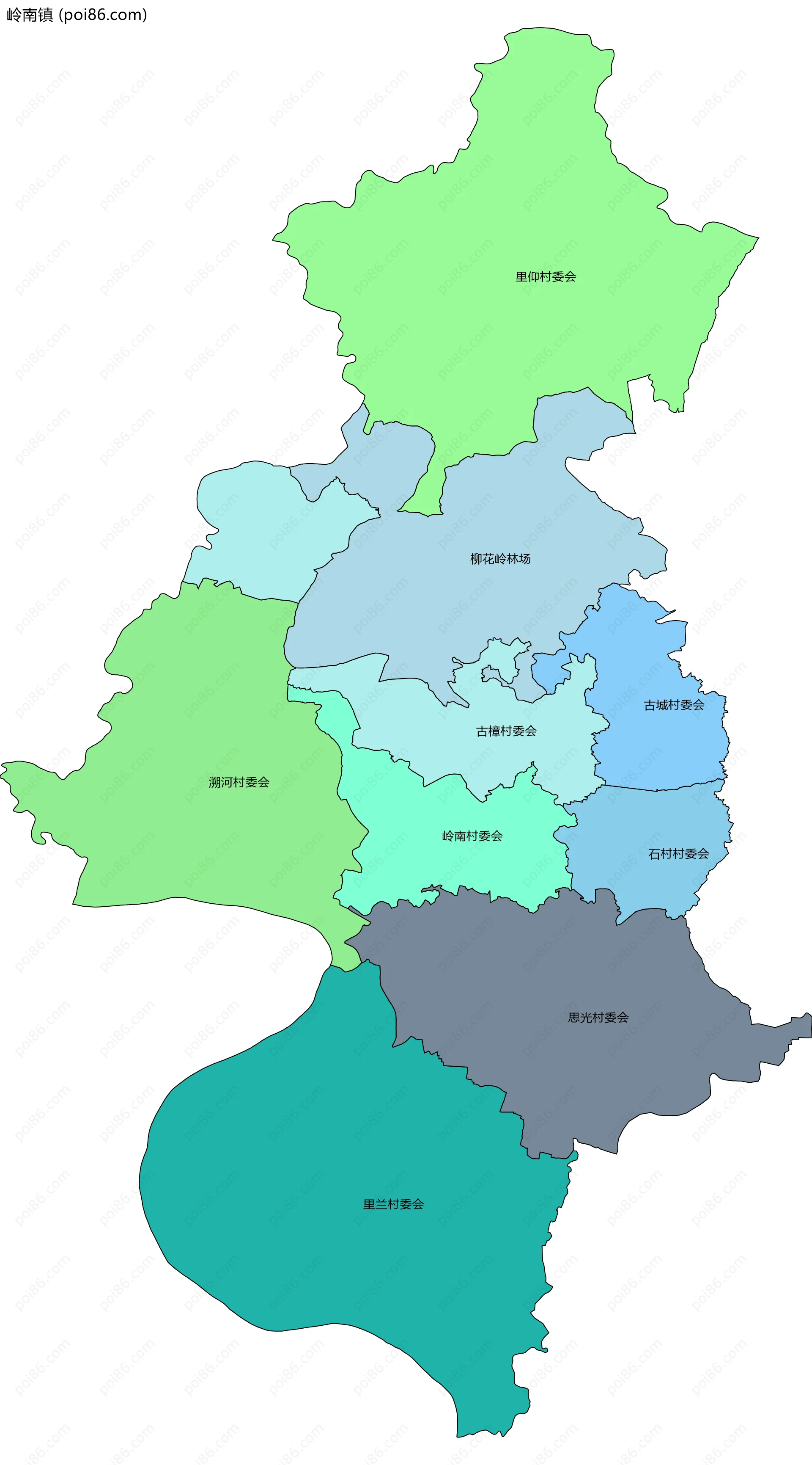 岭南镇边界地图(五级行政区划)