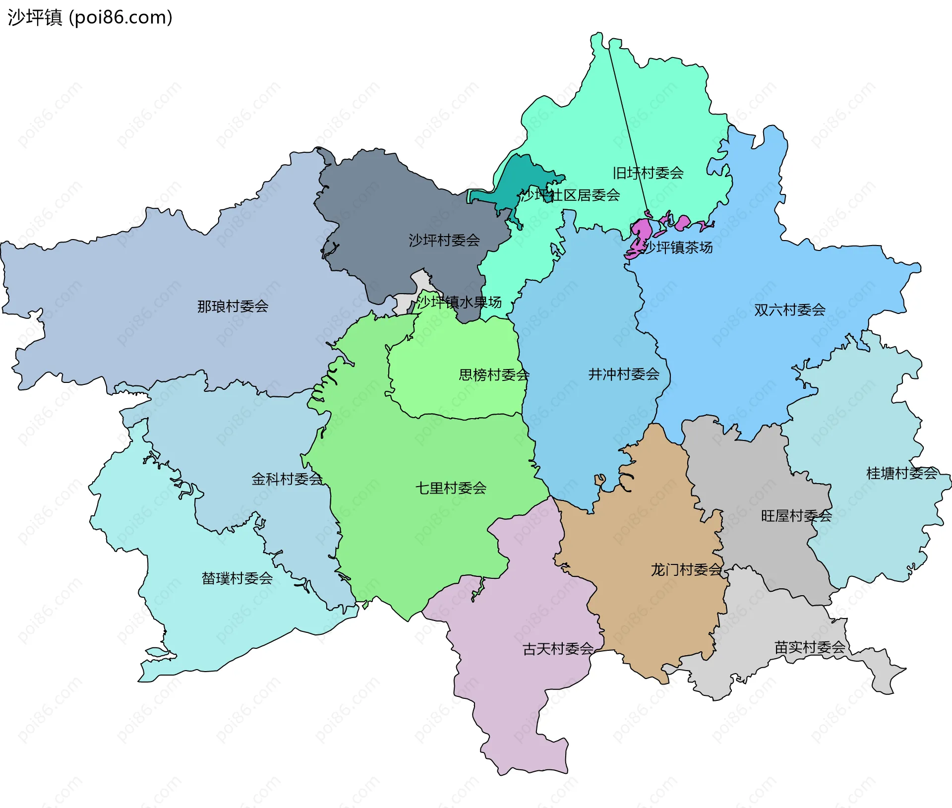 沙坪镇边界地图(五级行政区划)