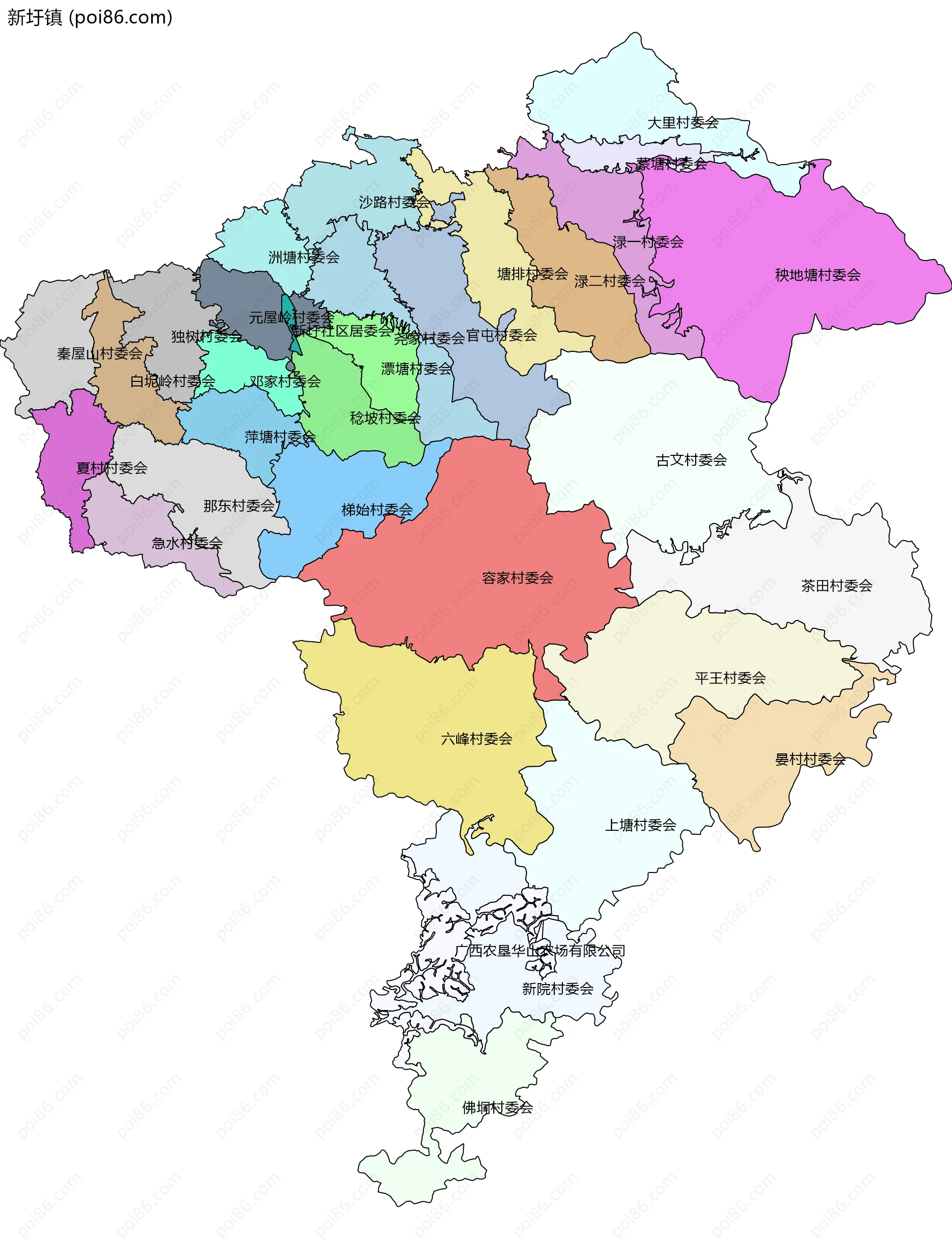 新圩镇边界地图(五级行政区划)