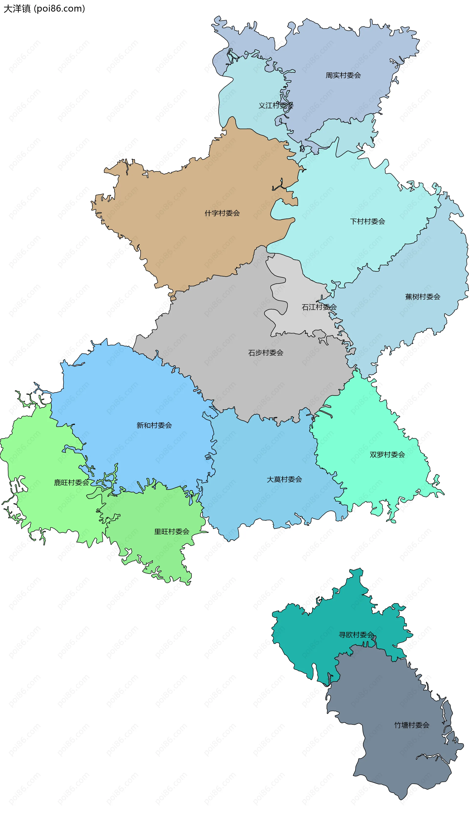 大洋镇边界地图(五级行政区划)