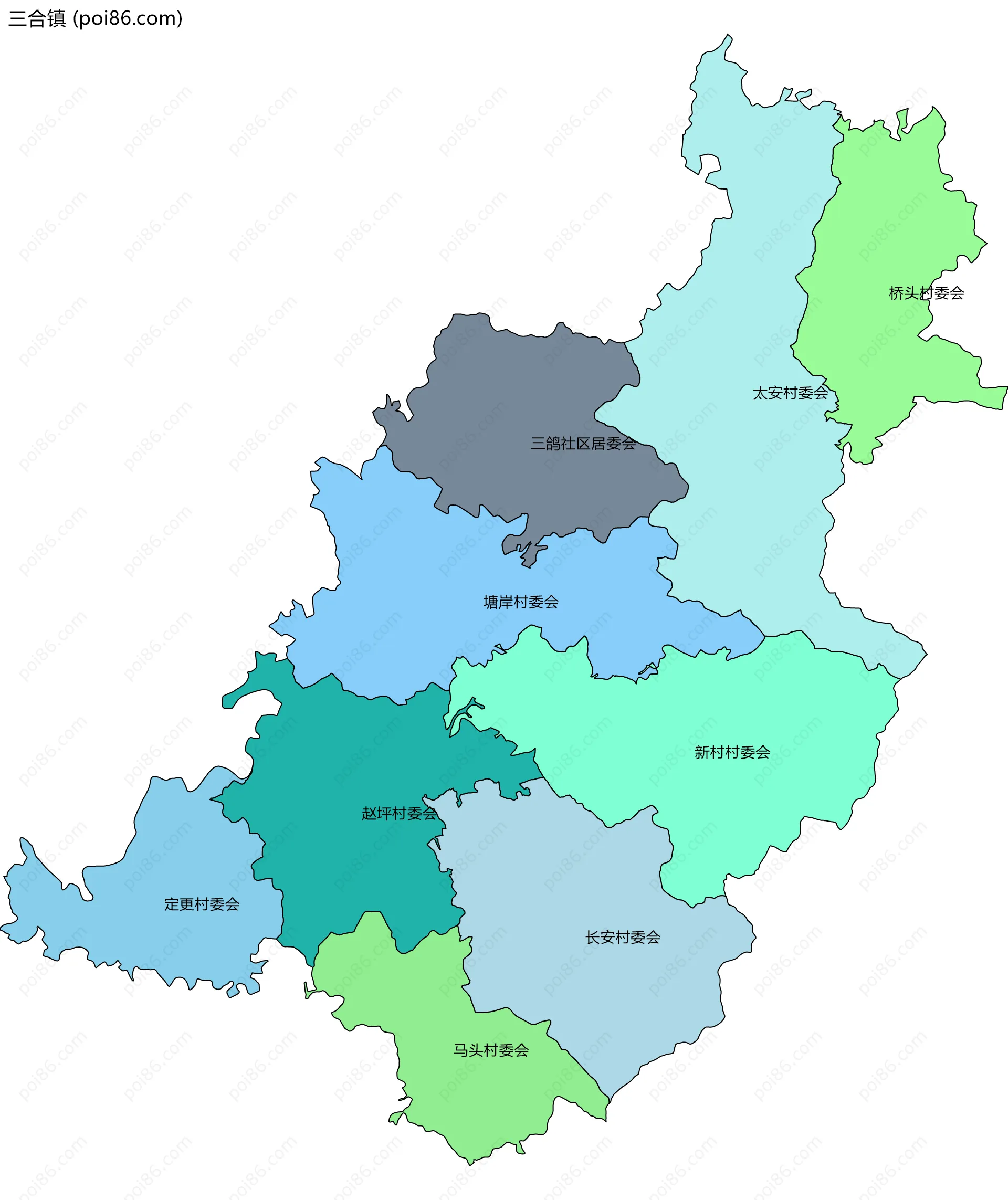 三合镇边界地图(五级行政区划)