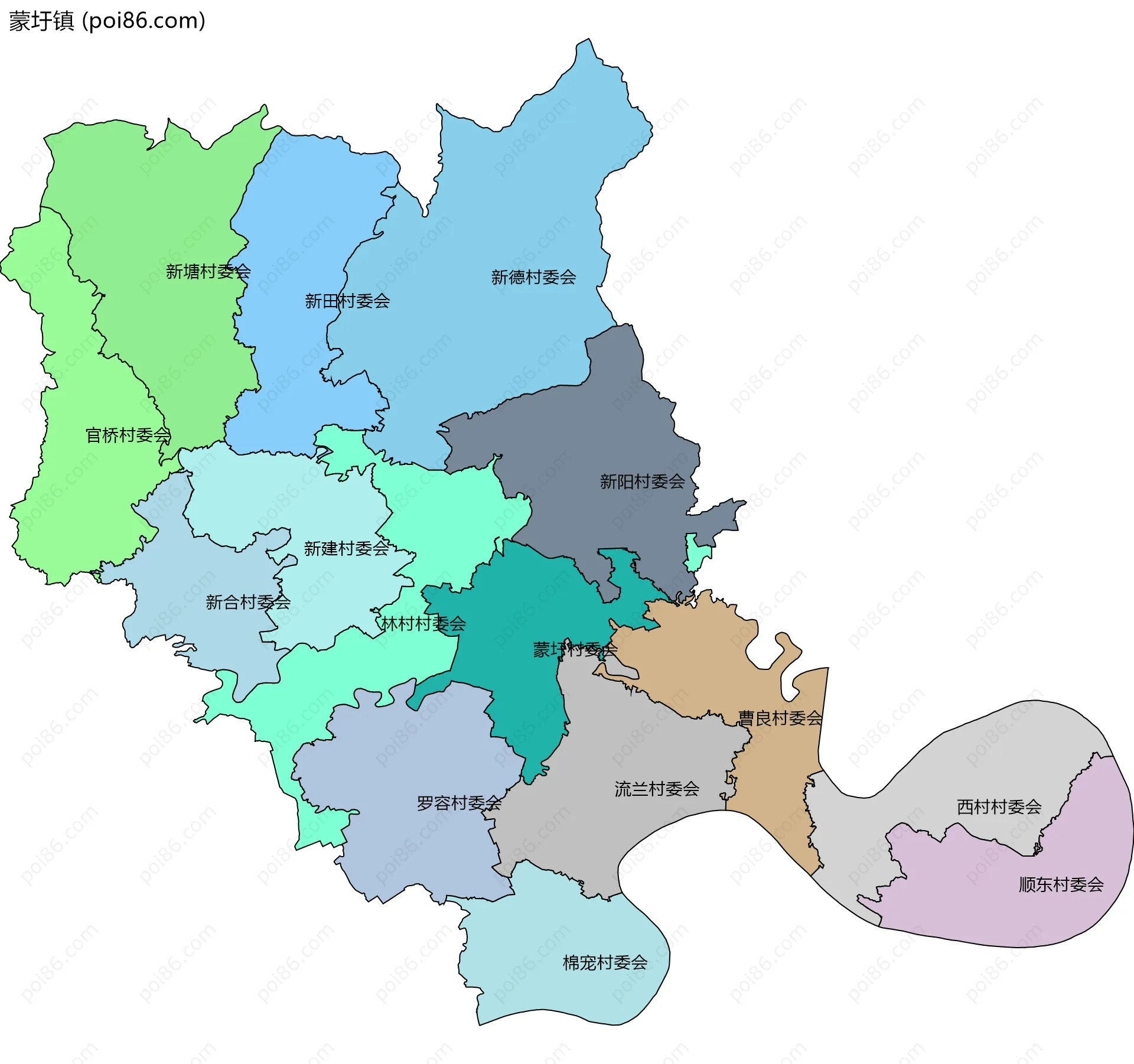 蒙圩镇边界地图(五级行政区划)