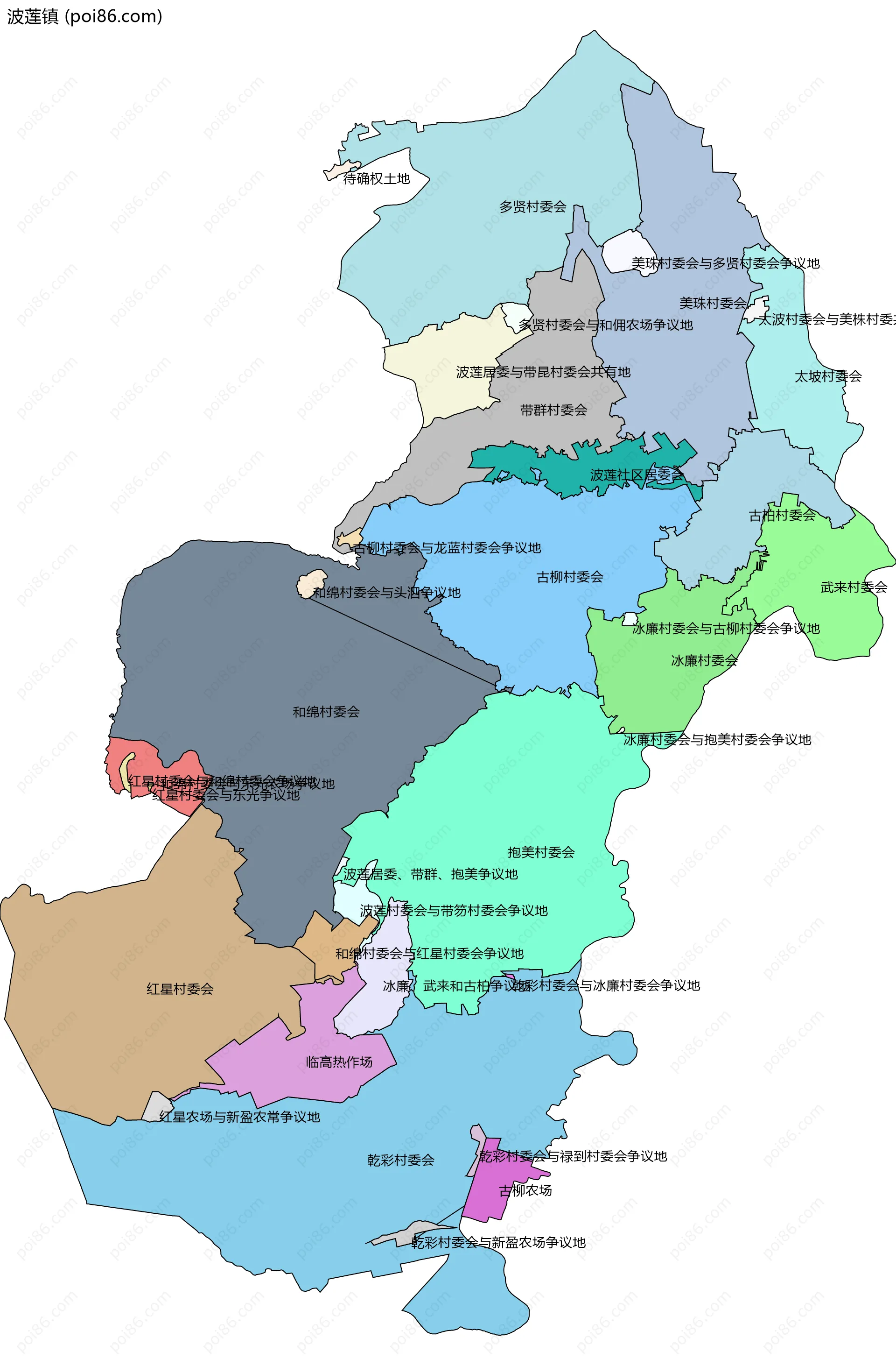 波莲镇边界地图(五级行政区划)