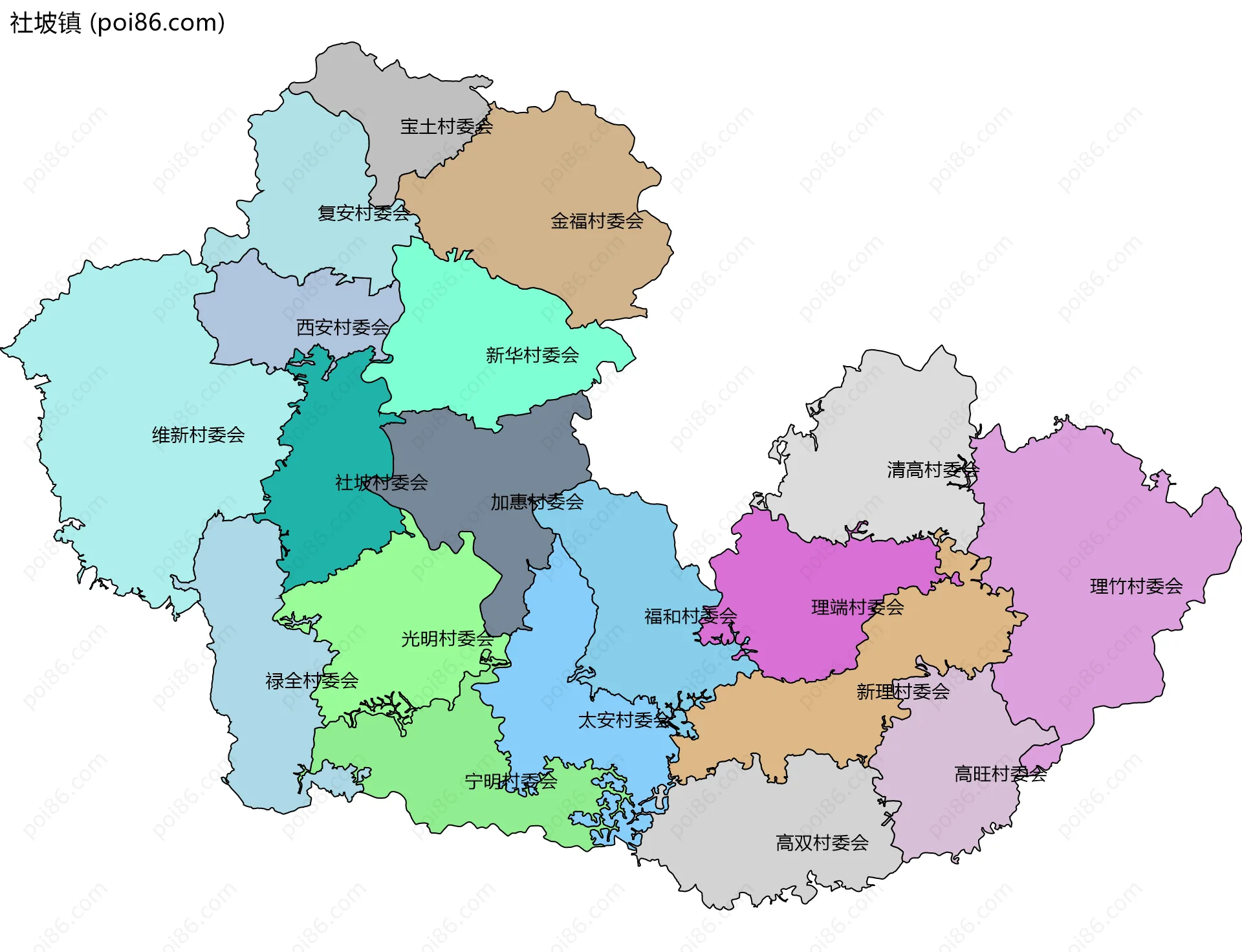 社坡镇边界地图(五级行政区划)