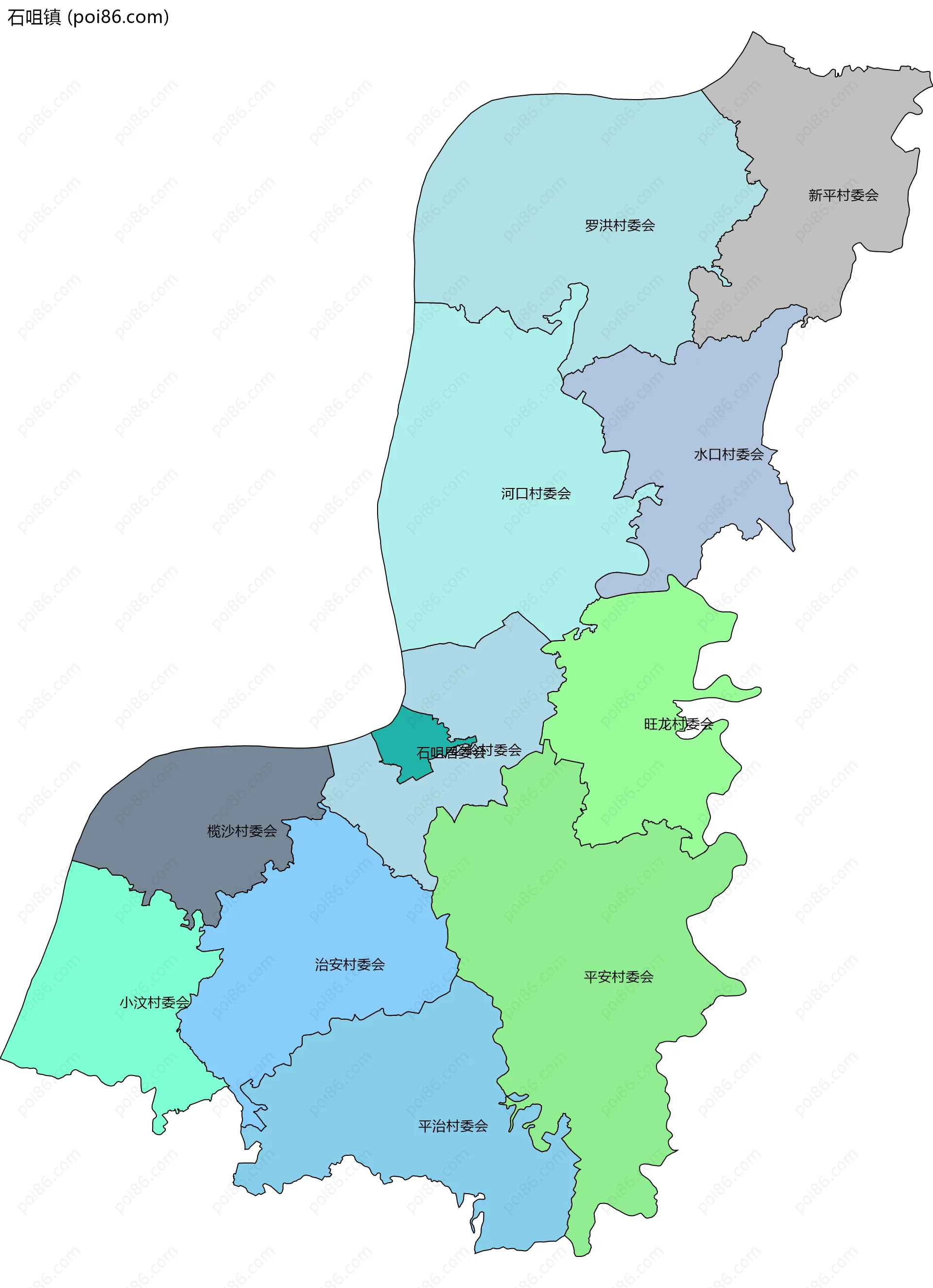 石咀镇边界地图(五级行政区划)