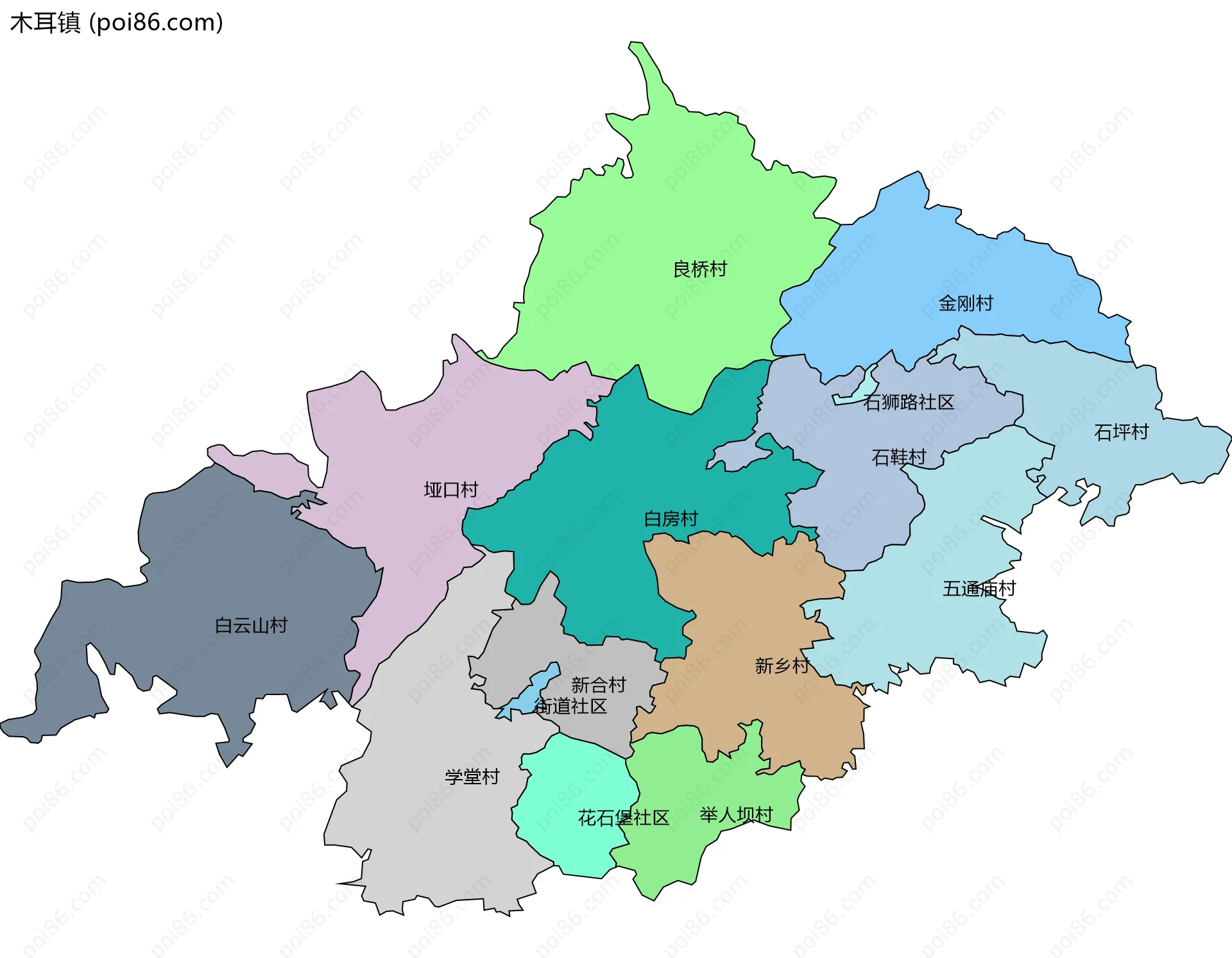 木耳镇边界地图(五级行政区划)