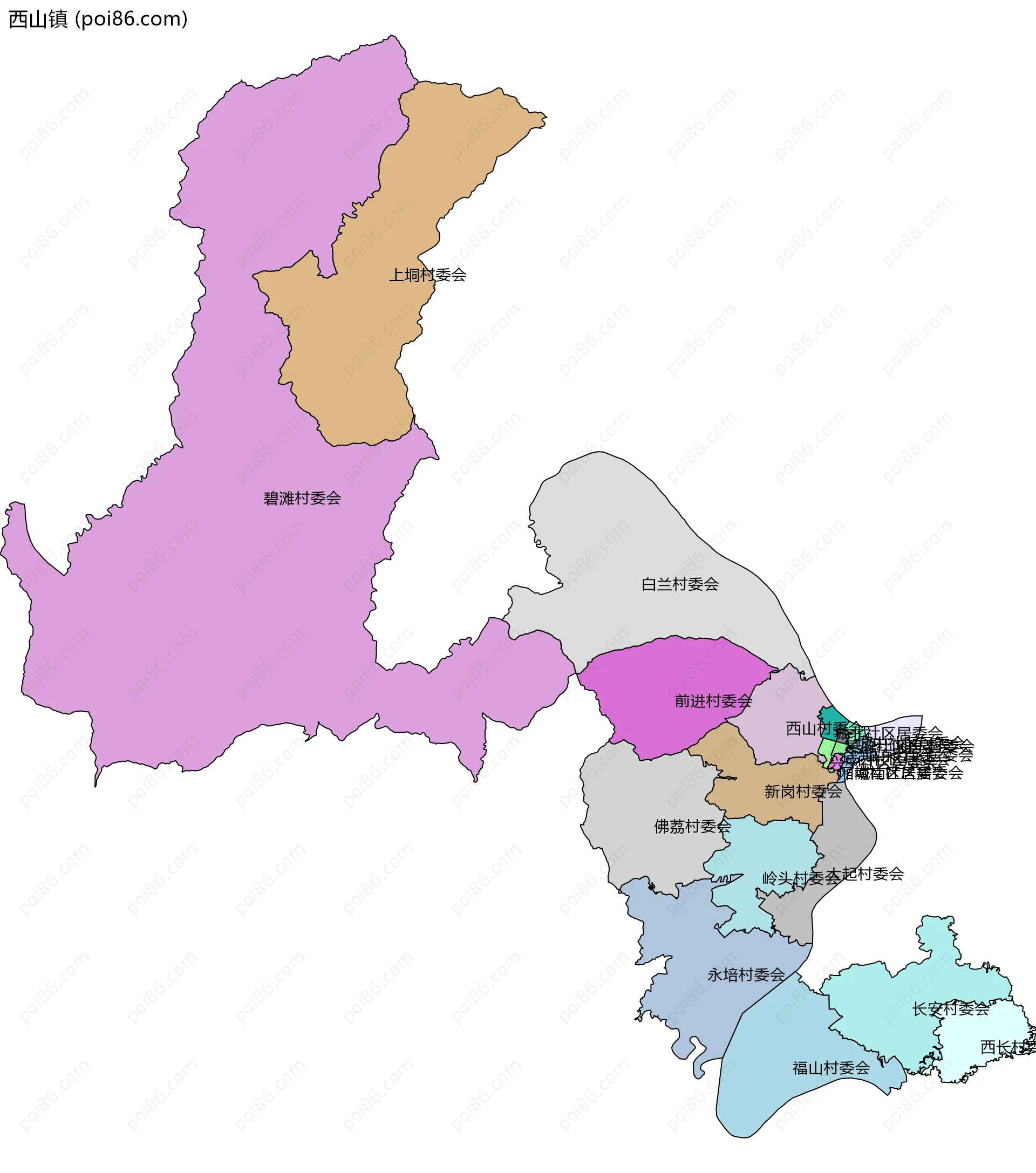 西山镇边界地图(五级行政区划)