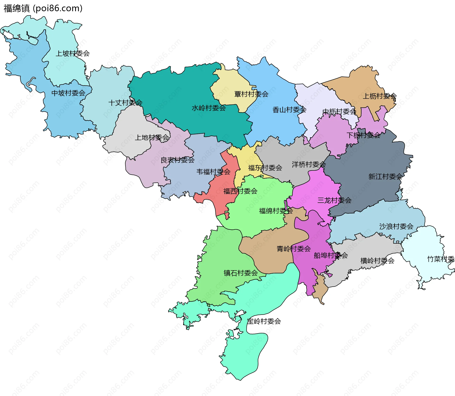 福绵镇边界地图(五级行政区划)