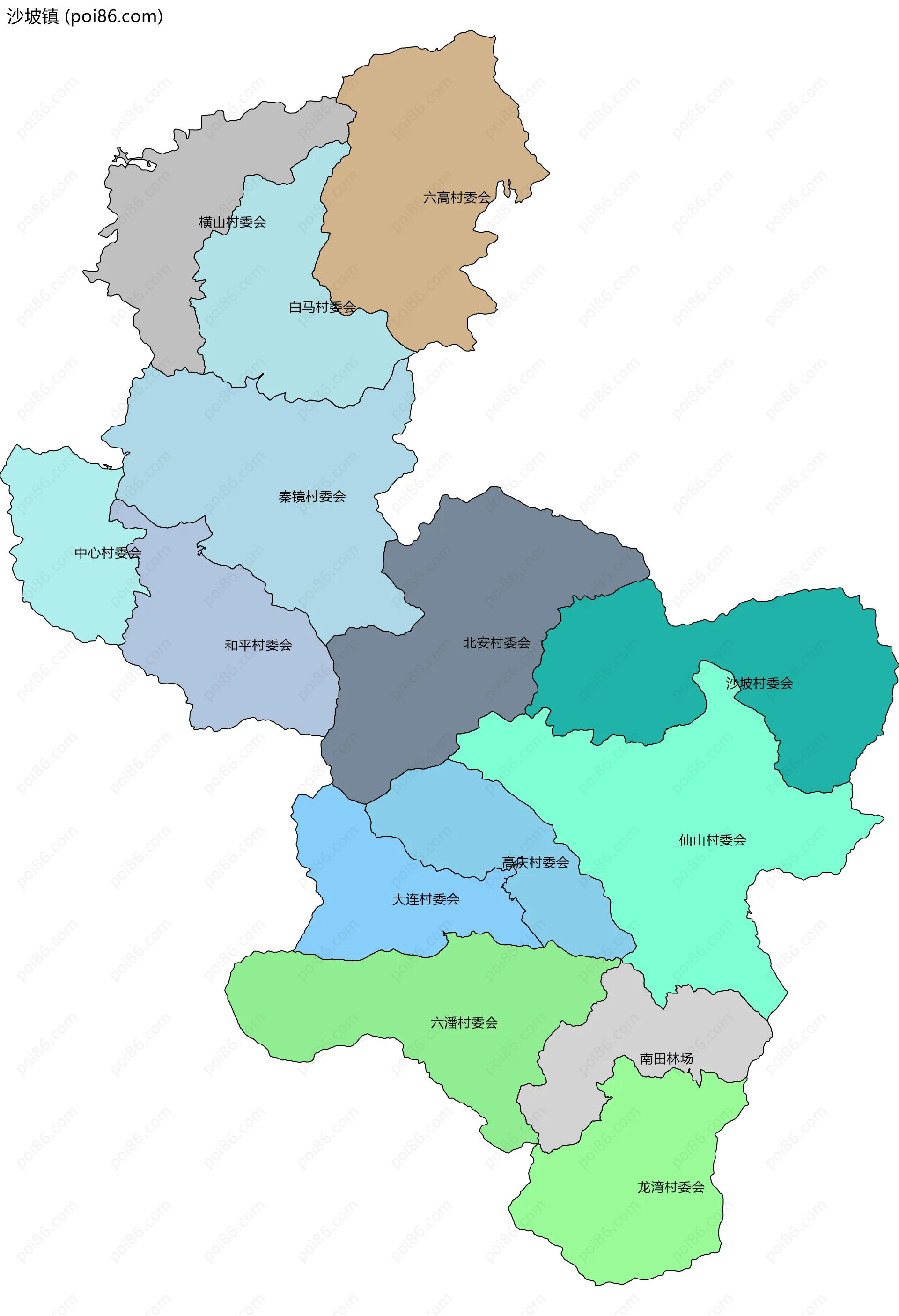 沙坡镇边界地图(五级行政区划)