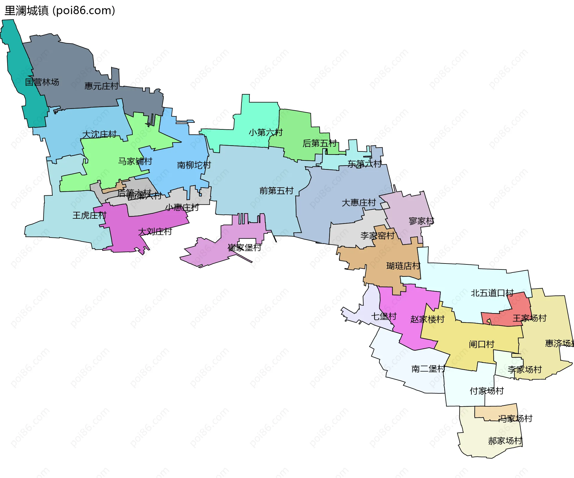 里澜城镇边界地图(五级行政区划)