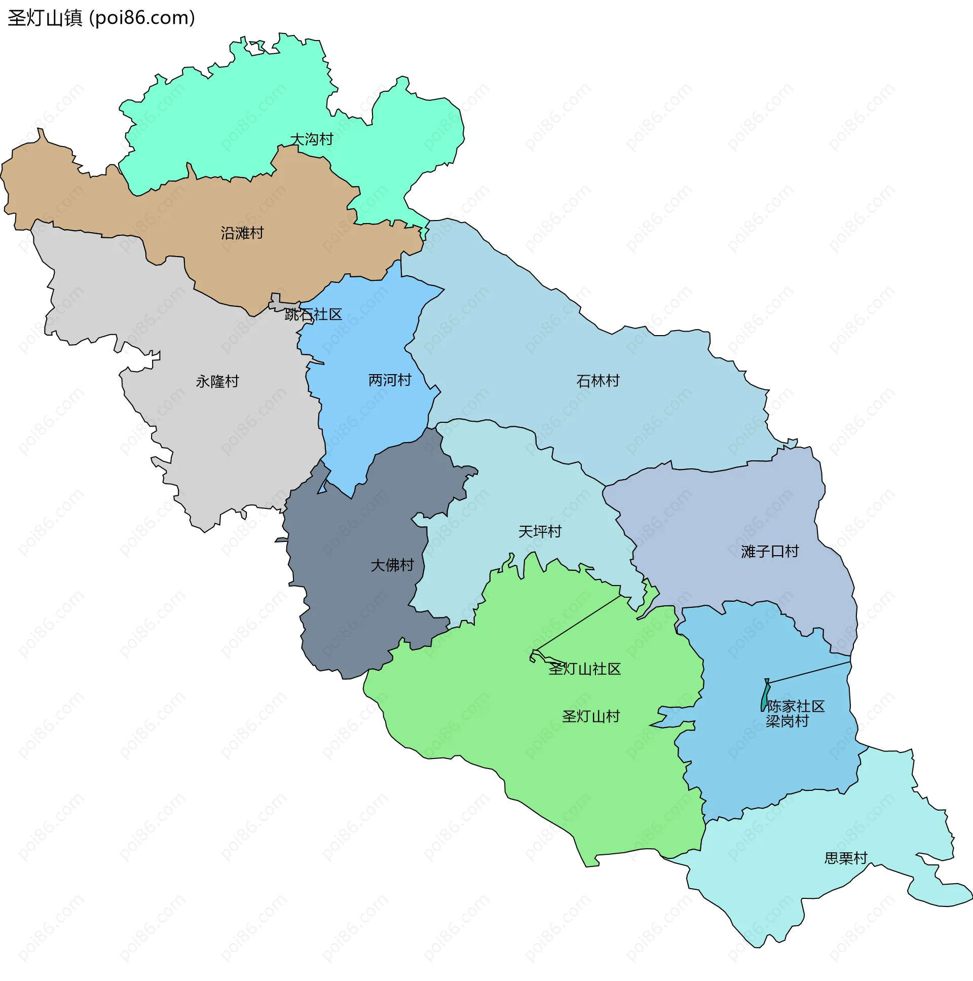 圣灯山镇边界地图(五级行政区划)