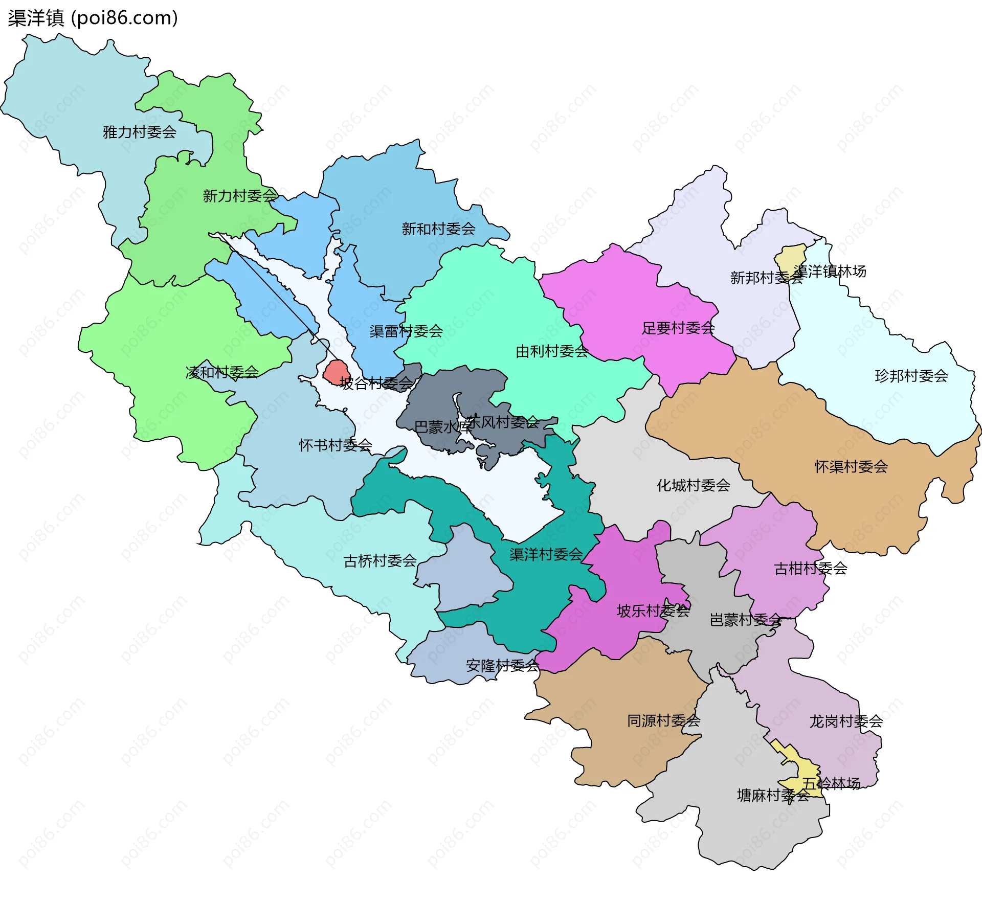 渠洋镇边界地图(五级行政区划)