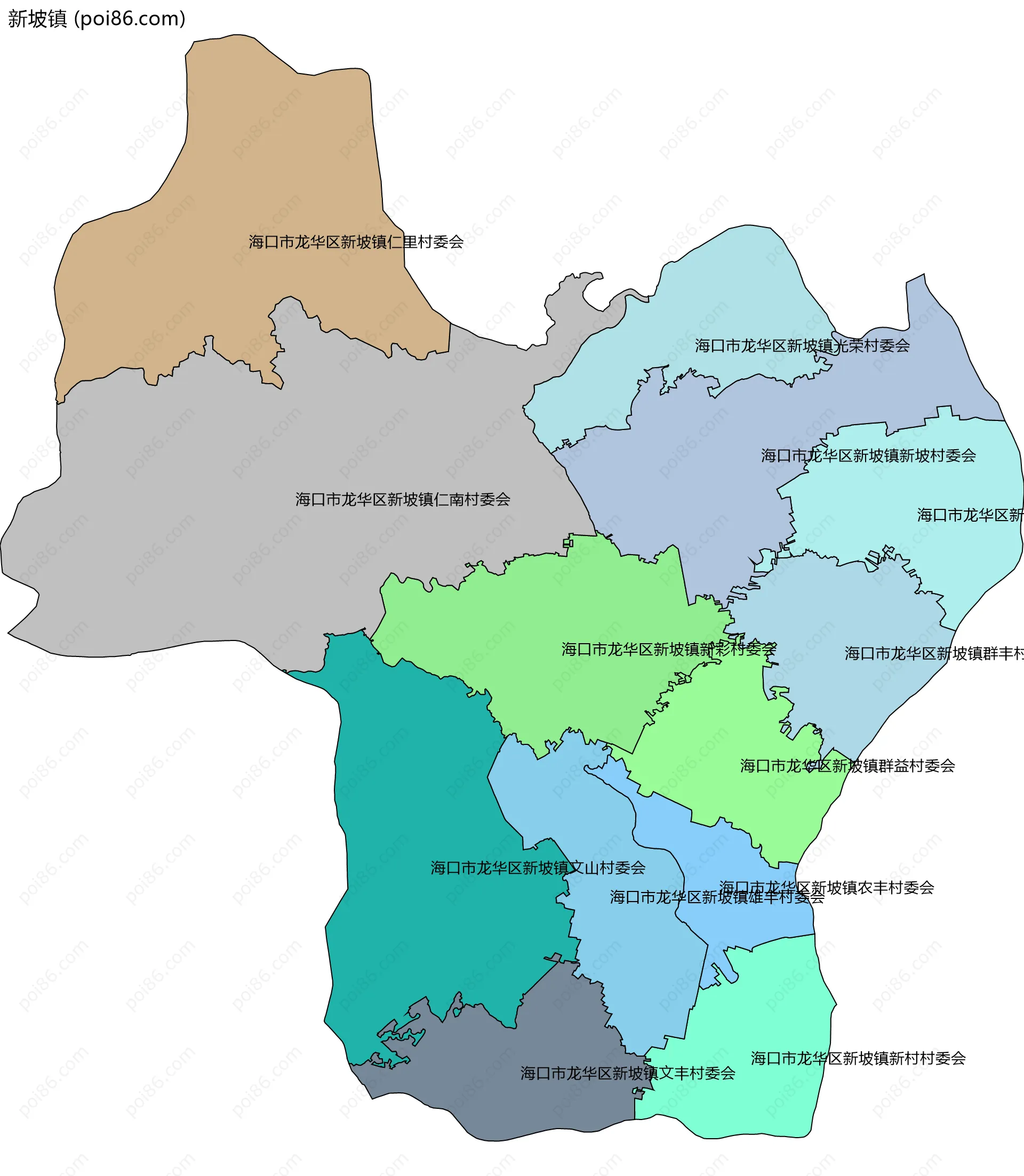 新坡镇边界地图(五级行政区划)