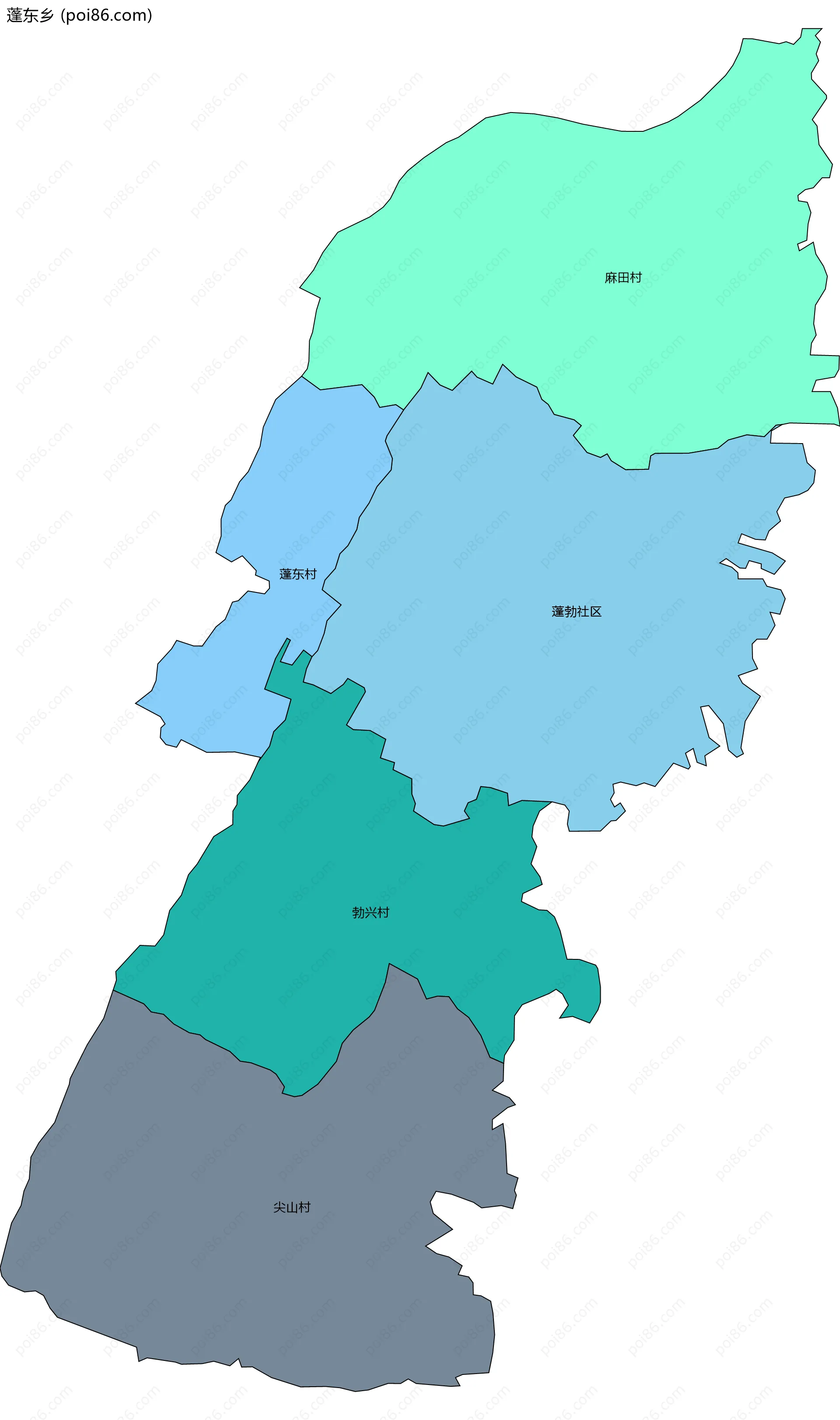 蓬东乡边界地图(五级行政区划)