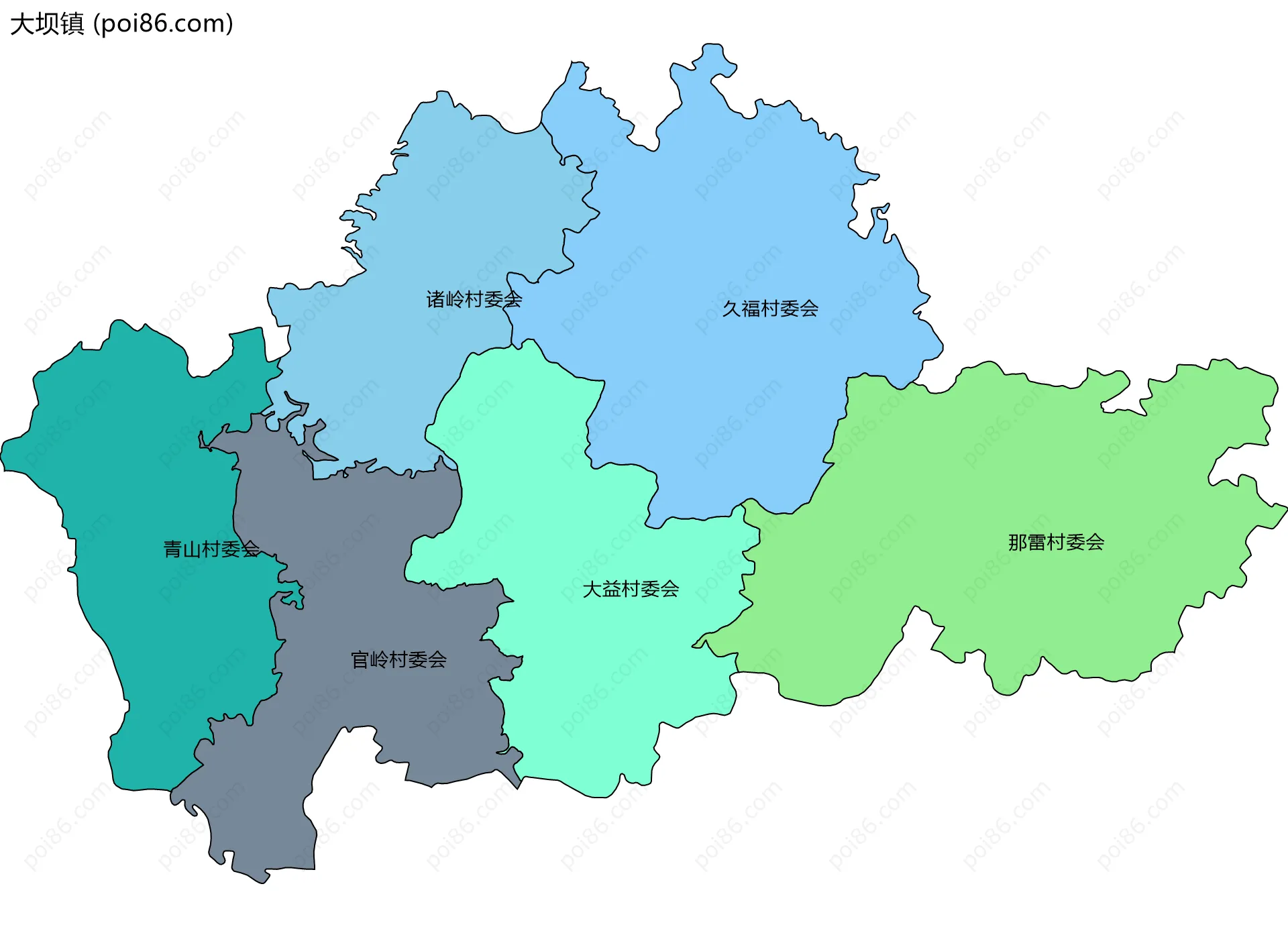 大坝镇边界地图(五级行政区划)