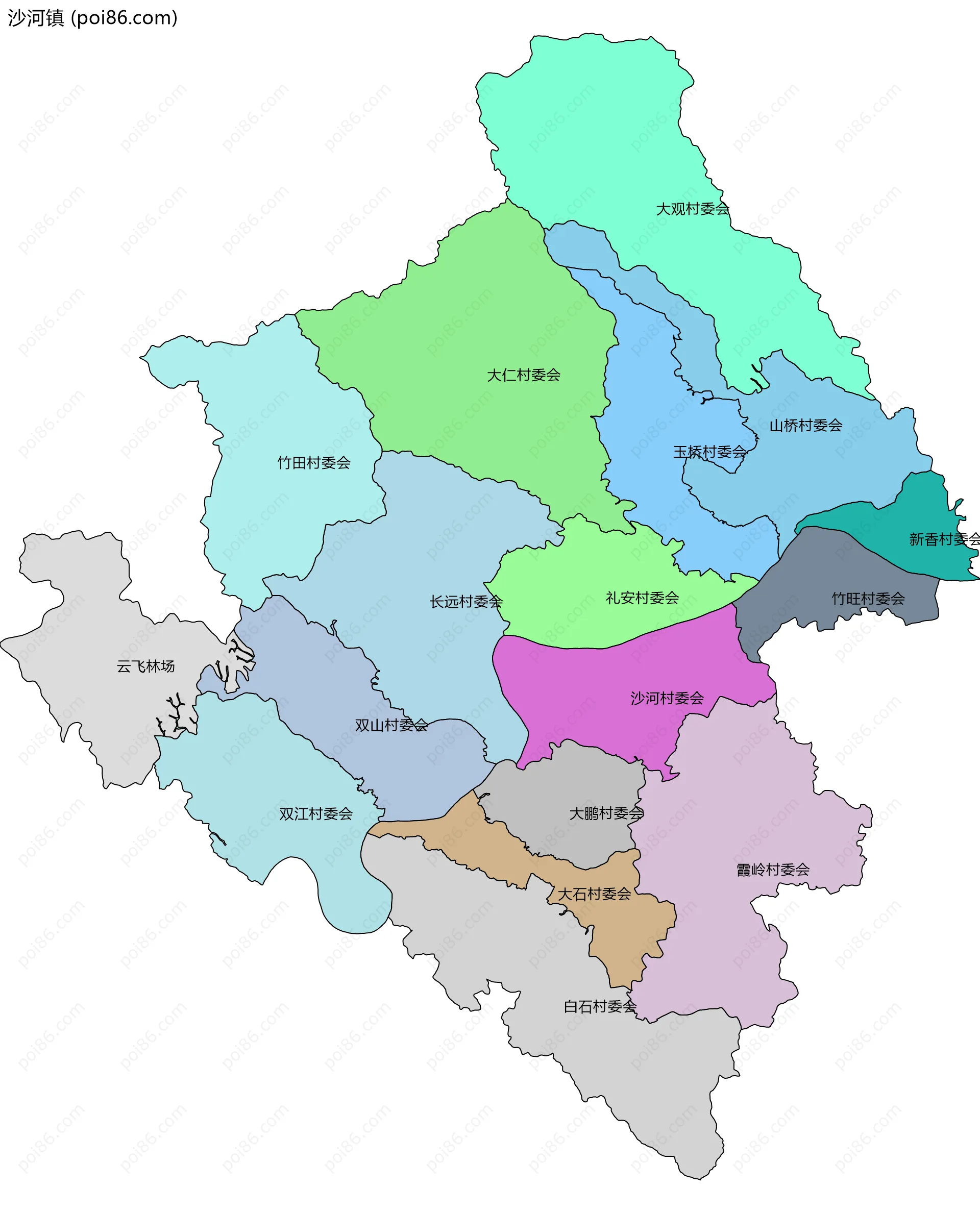 沙河镇边界地图(五级行政区划)