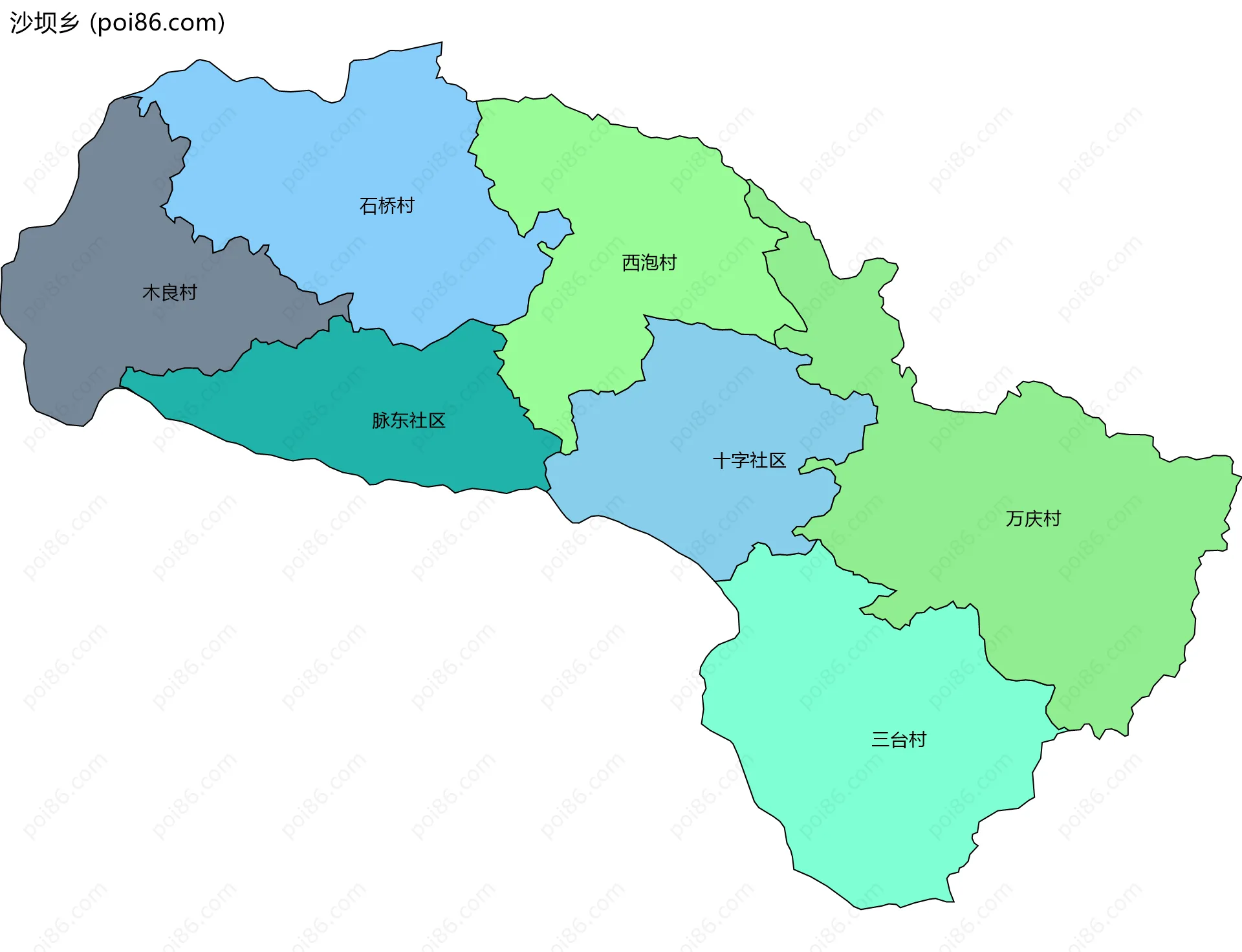 沙坝乡边界地图(五级行政区划)