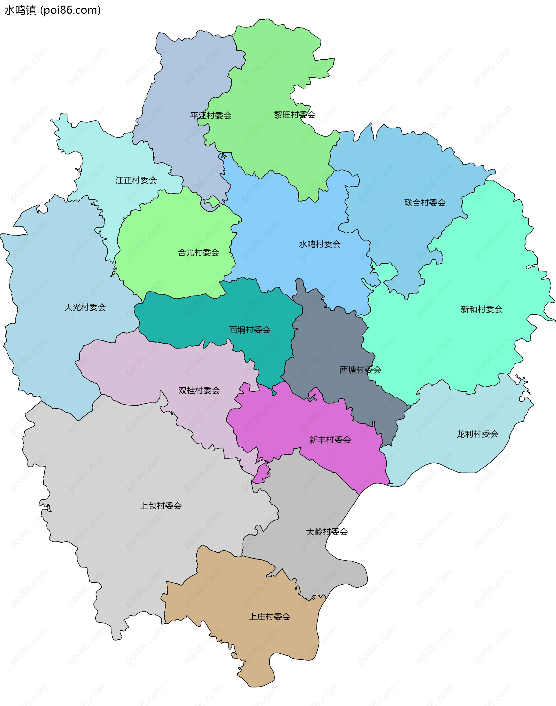 水鸣镇边界地图(五级行政区划)