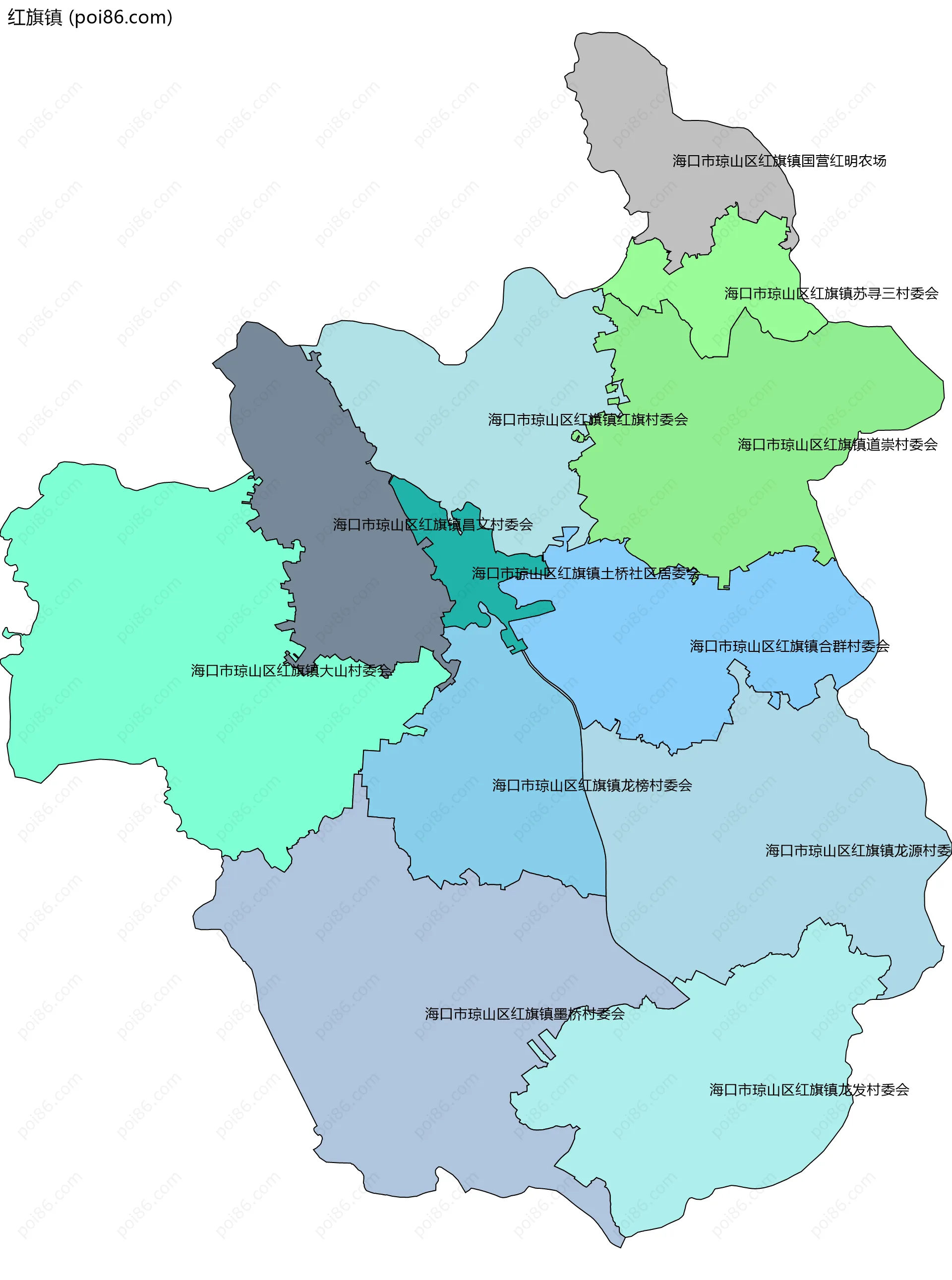 红旗镇边界地图(五级行政区划)