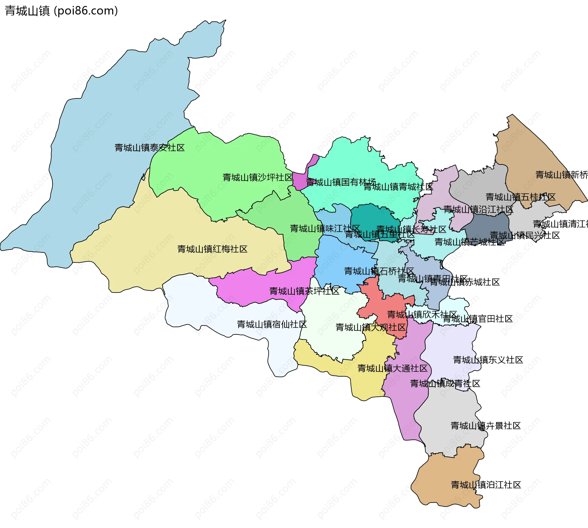 青城山镇边界地图(五级行政区划)