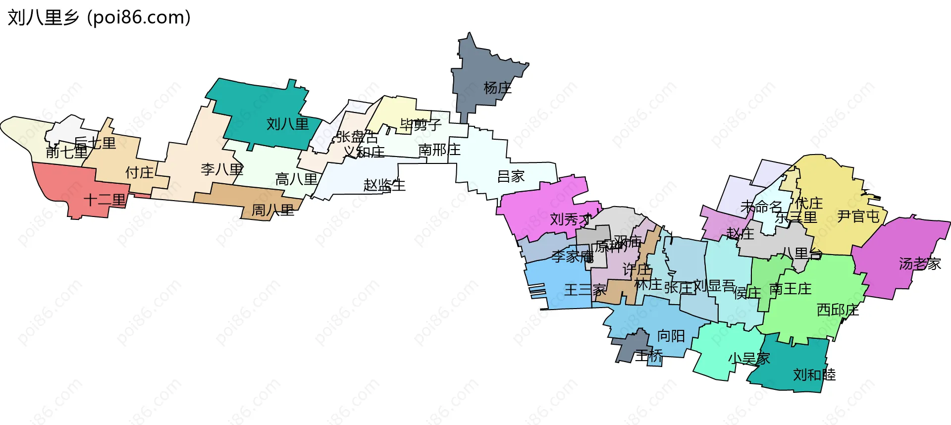 刘八里乡边界地图(五级行政区划)