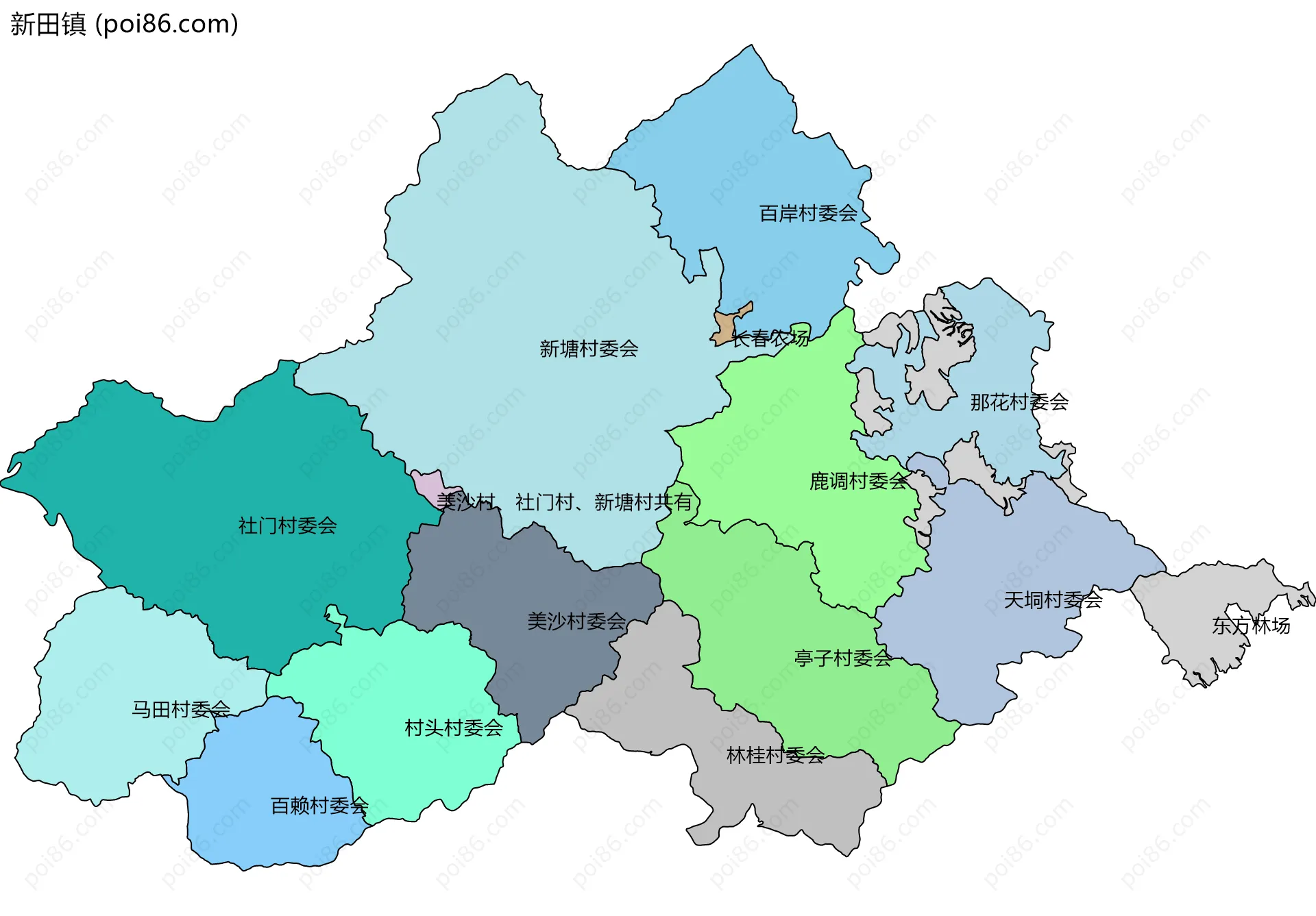 新田镇边界地图(五级行政区划)