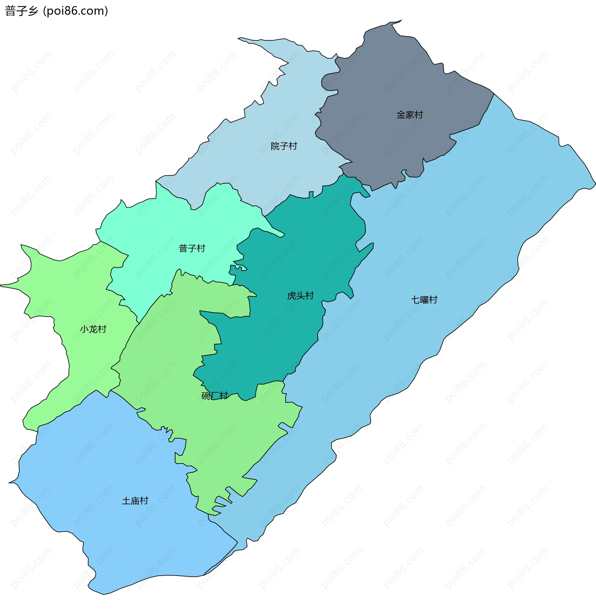 普子乡边界地图(五级行政区划)