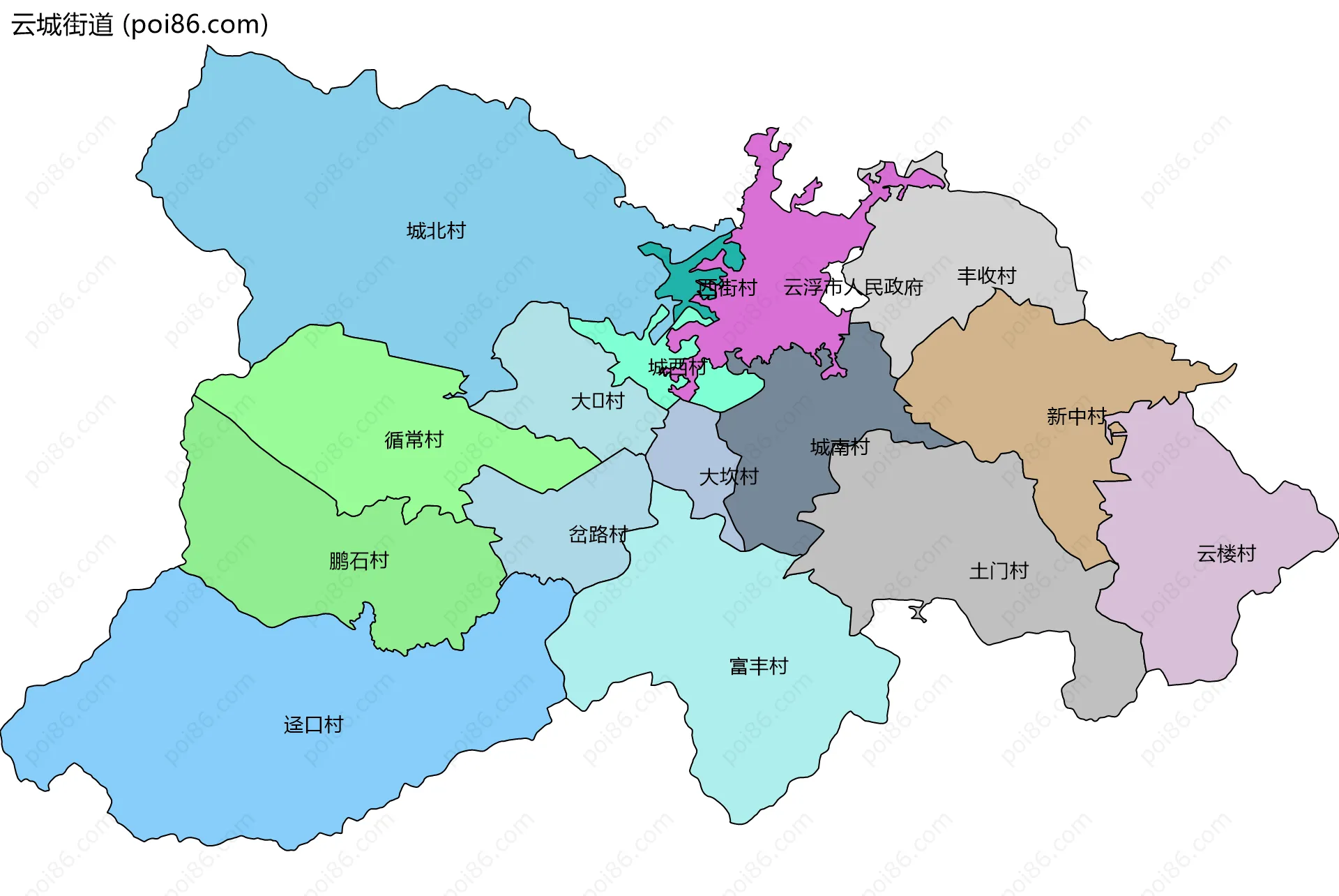 云城街道边界地图(五级行政区划)