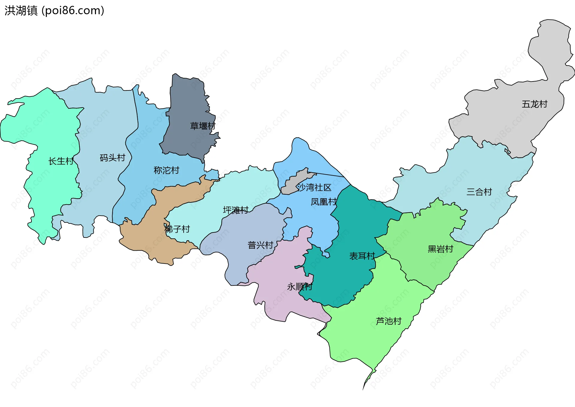 洪湖镇边界地图(五级行政区划)
