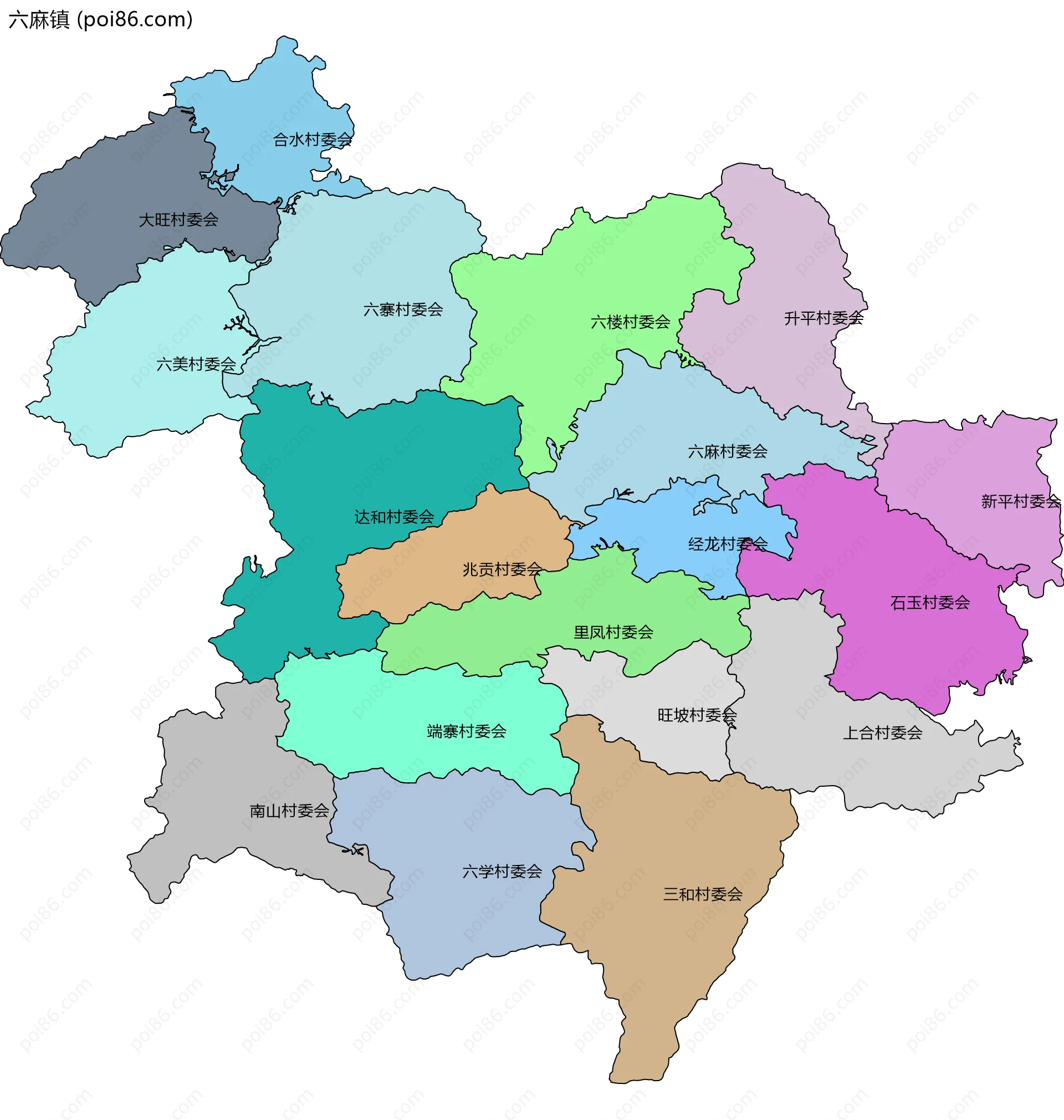 六麻镇边界地图(五级行政区划)