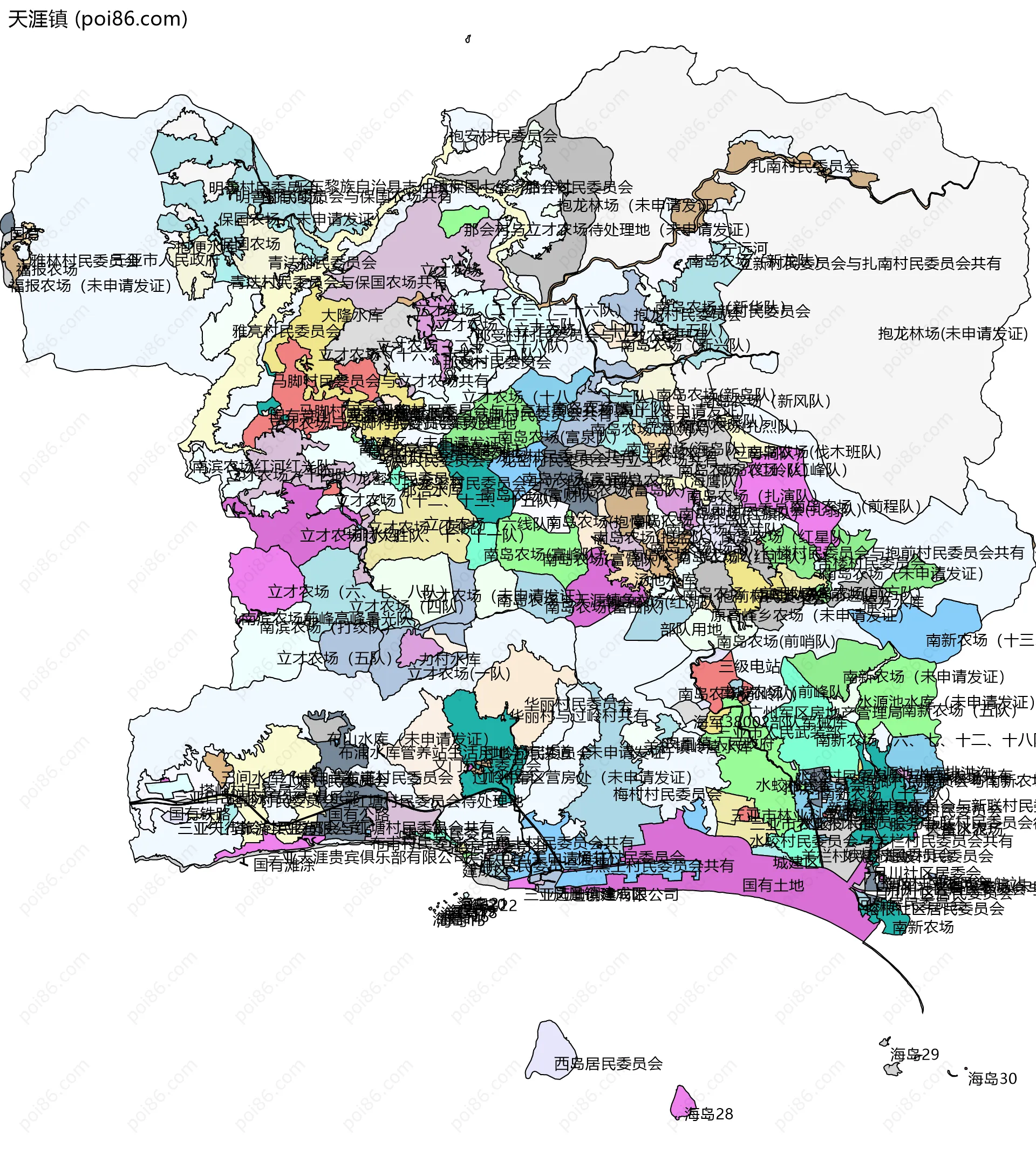 天涯镇边界地图(五级行政区划)