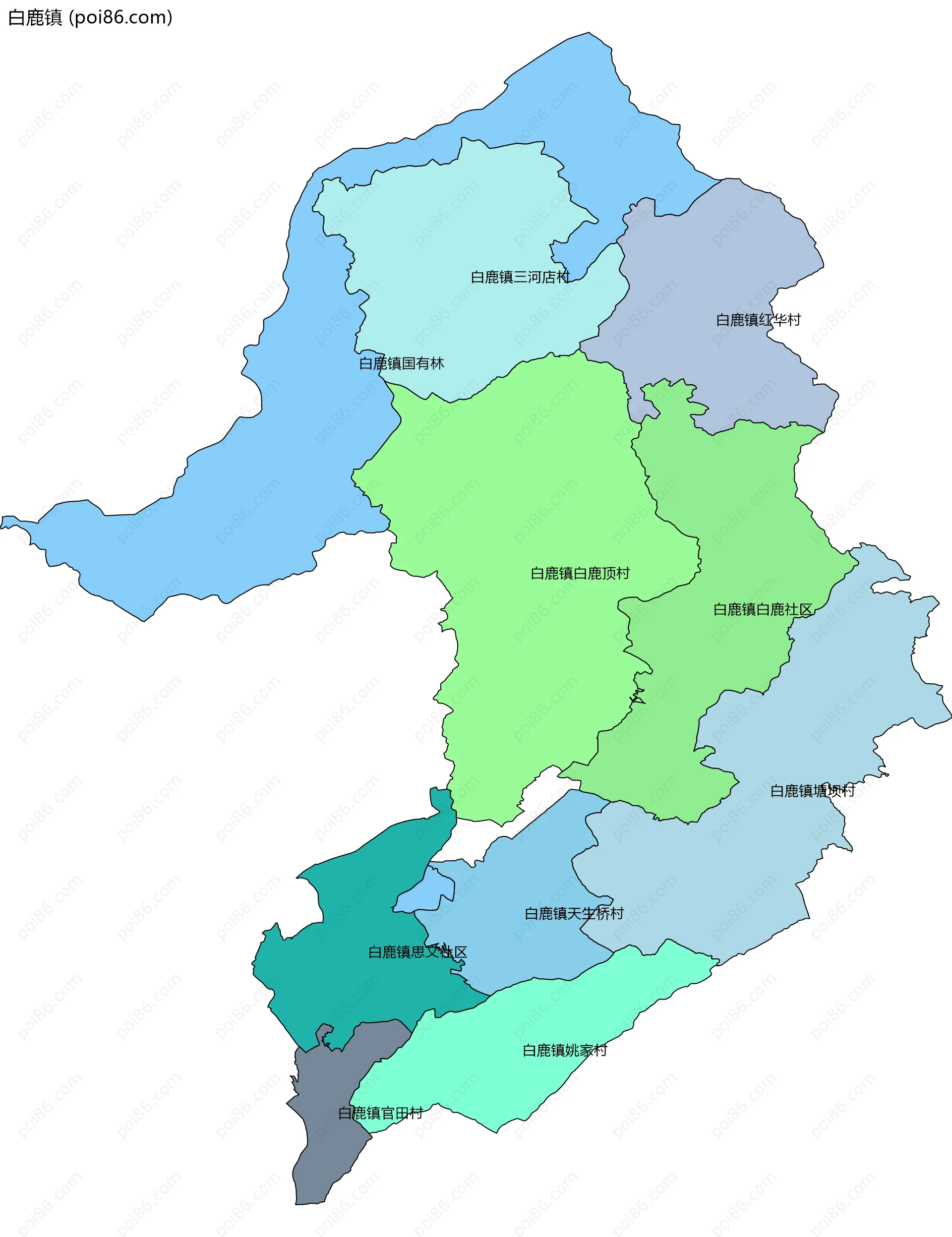 白鹿镇边界地图(五级行政区划)