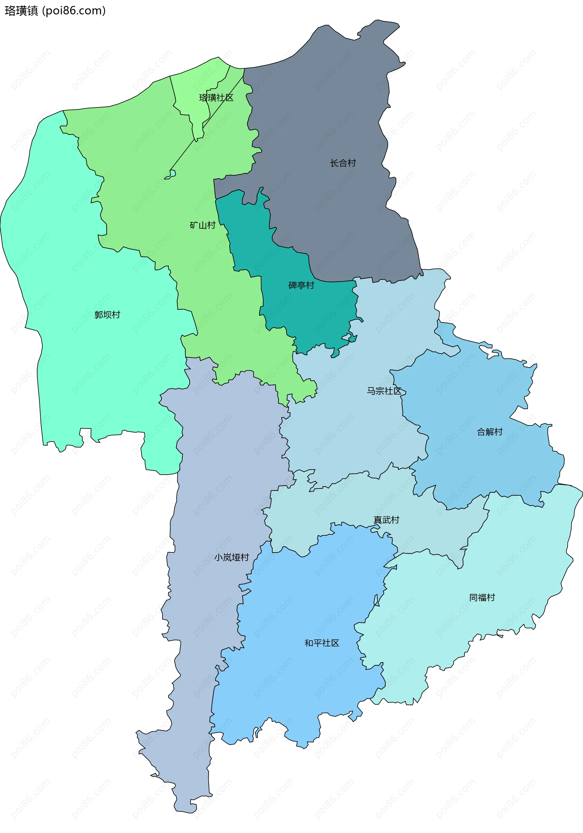 珞璜镇边界地图(五级行政区划)