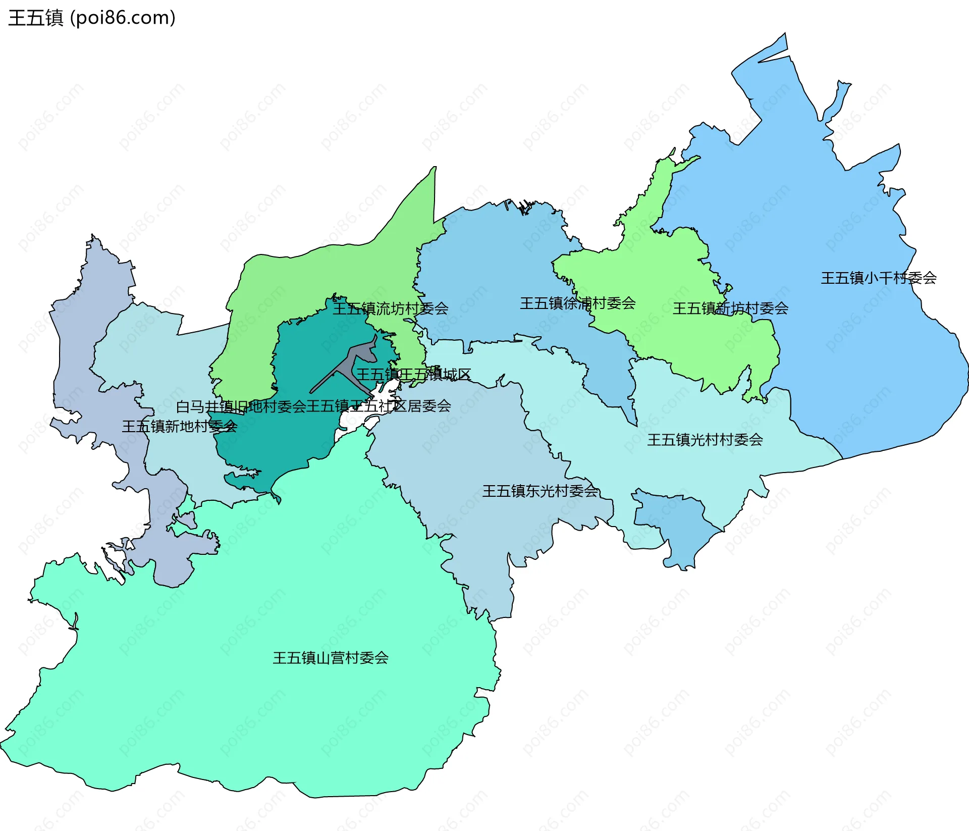 王五镇边界地图(五级行政区划)