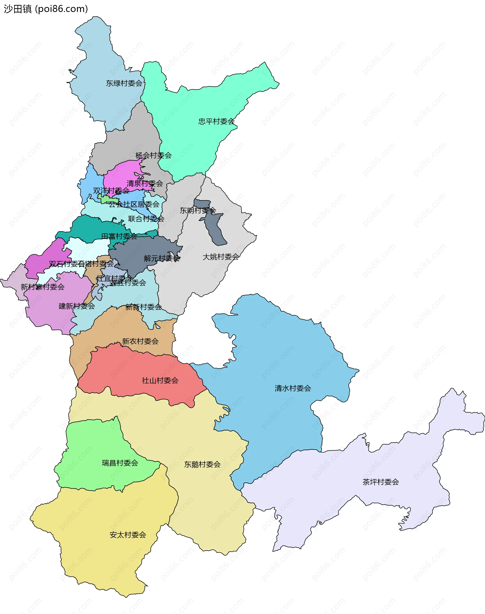 沙田镇边界地图(五级行政区划)