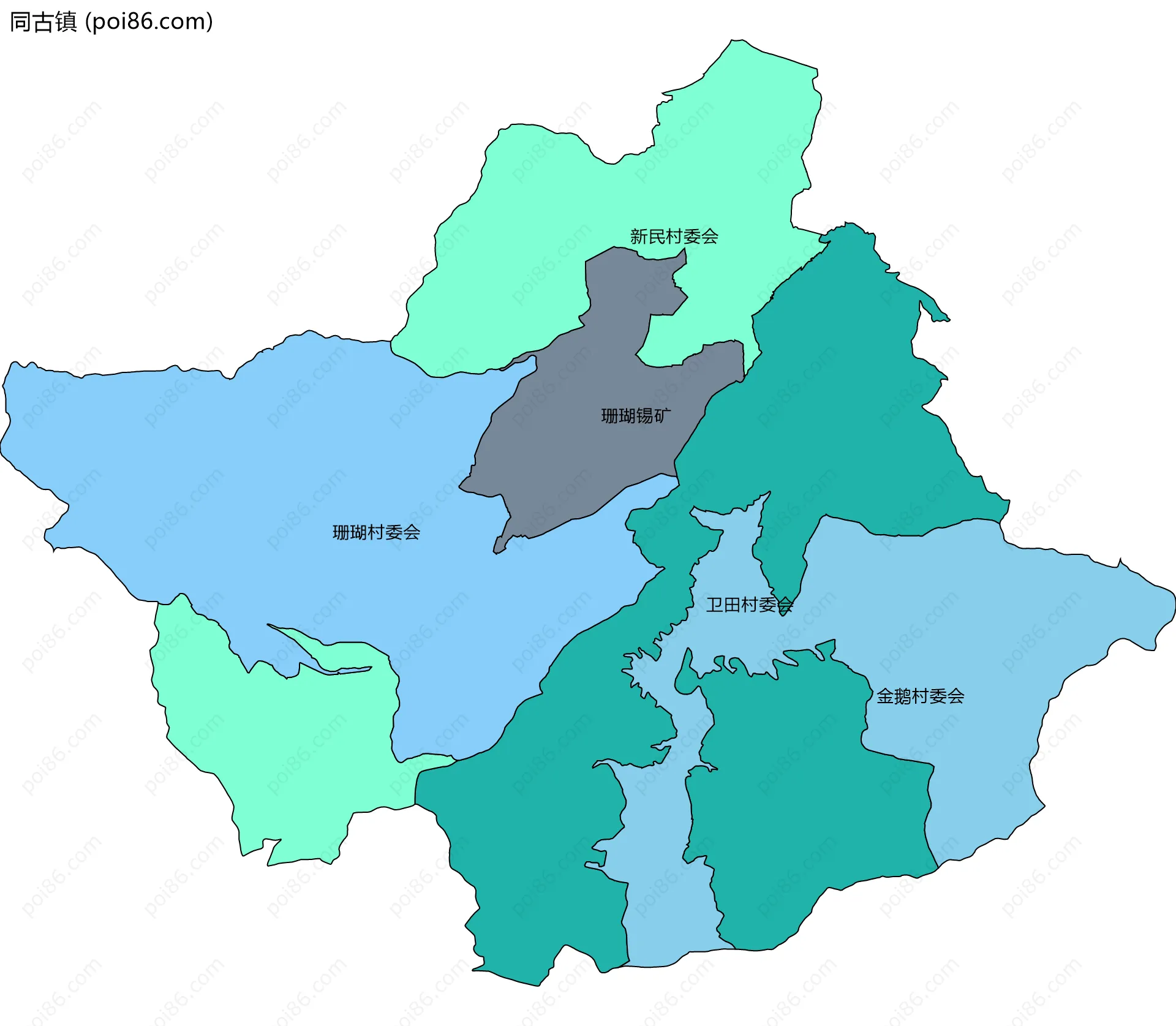 同古镇边界地图(五级行政区划)