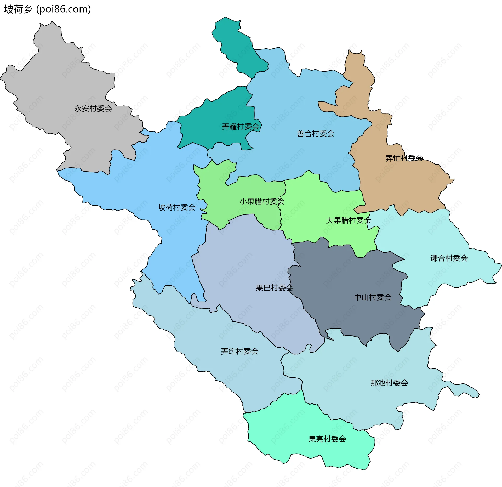 坡荷乡边界地图(五级行政区划)