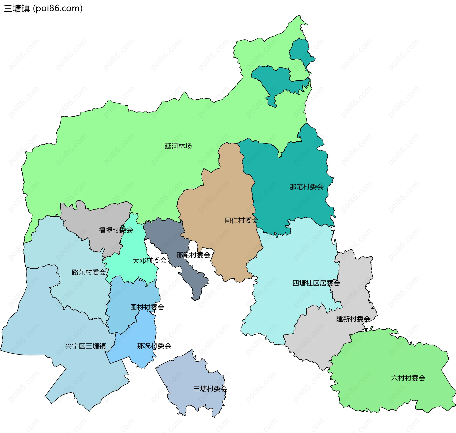 三塘镇边界地图(五级行政区划)