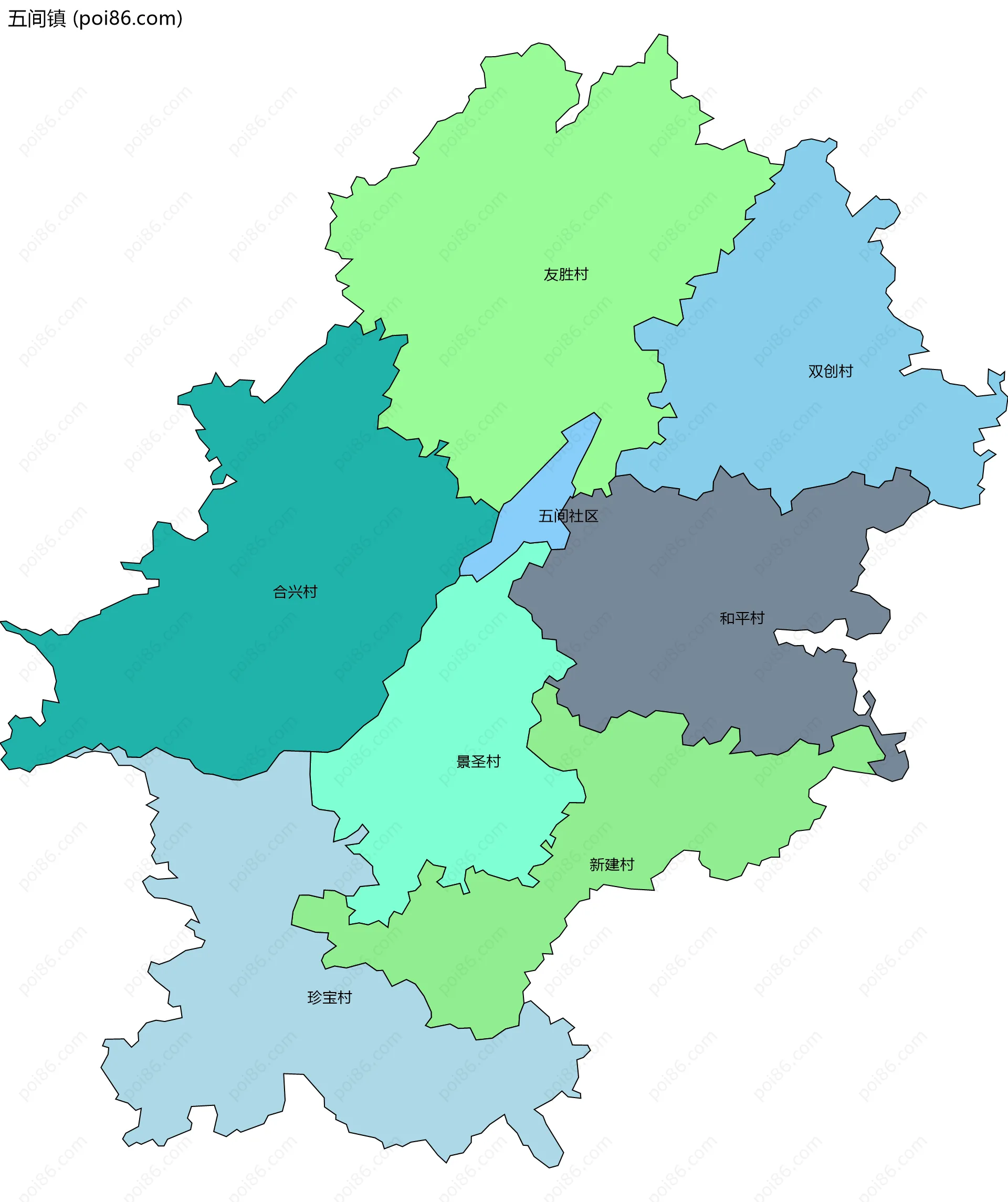 五间镇边界地图(五级行政区划)